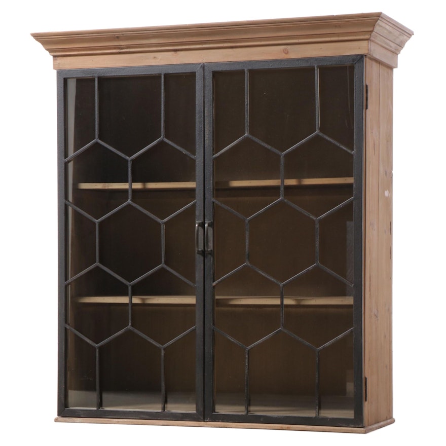 Pine Cabinet Bookcase with Metal Honeycomb Glass Doors