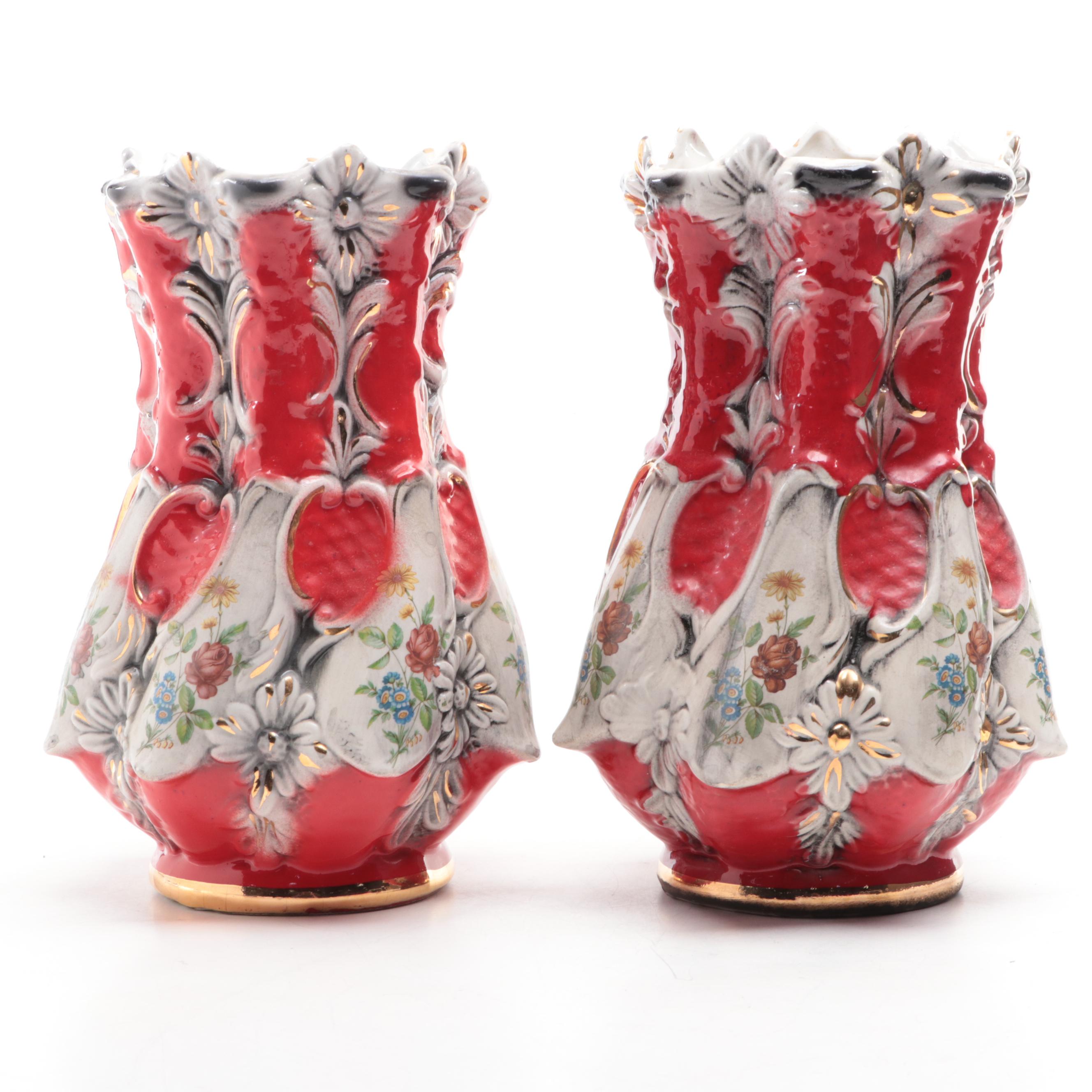 Rococo Style Gilt and Floral Motif Ceramic Vases, Mid-20th Century