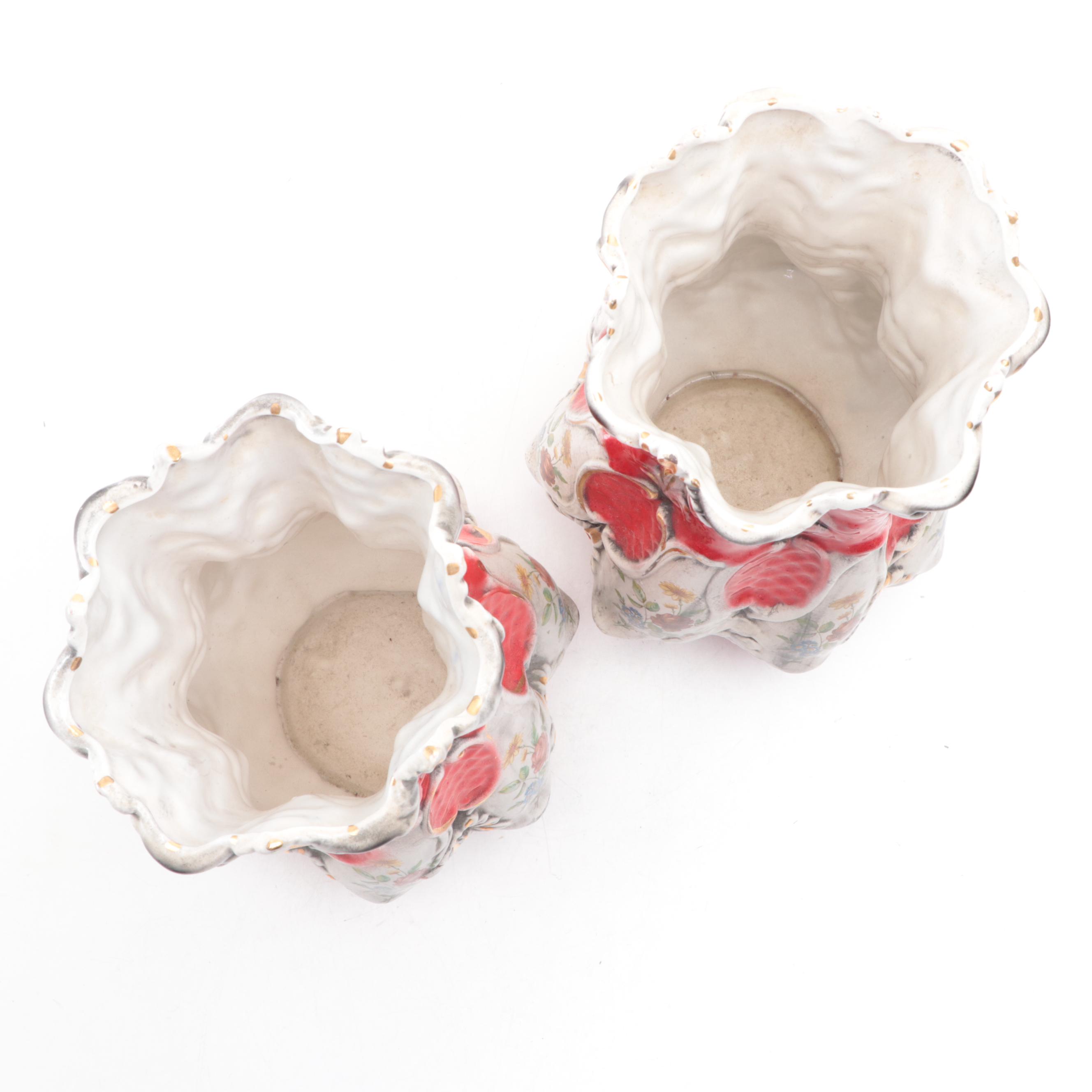 Rococo Style Gilt and Floral Motif Ceramic Vases, Mid-20th Century
