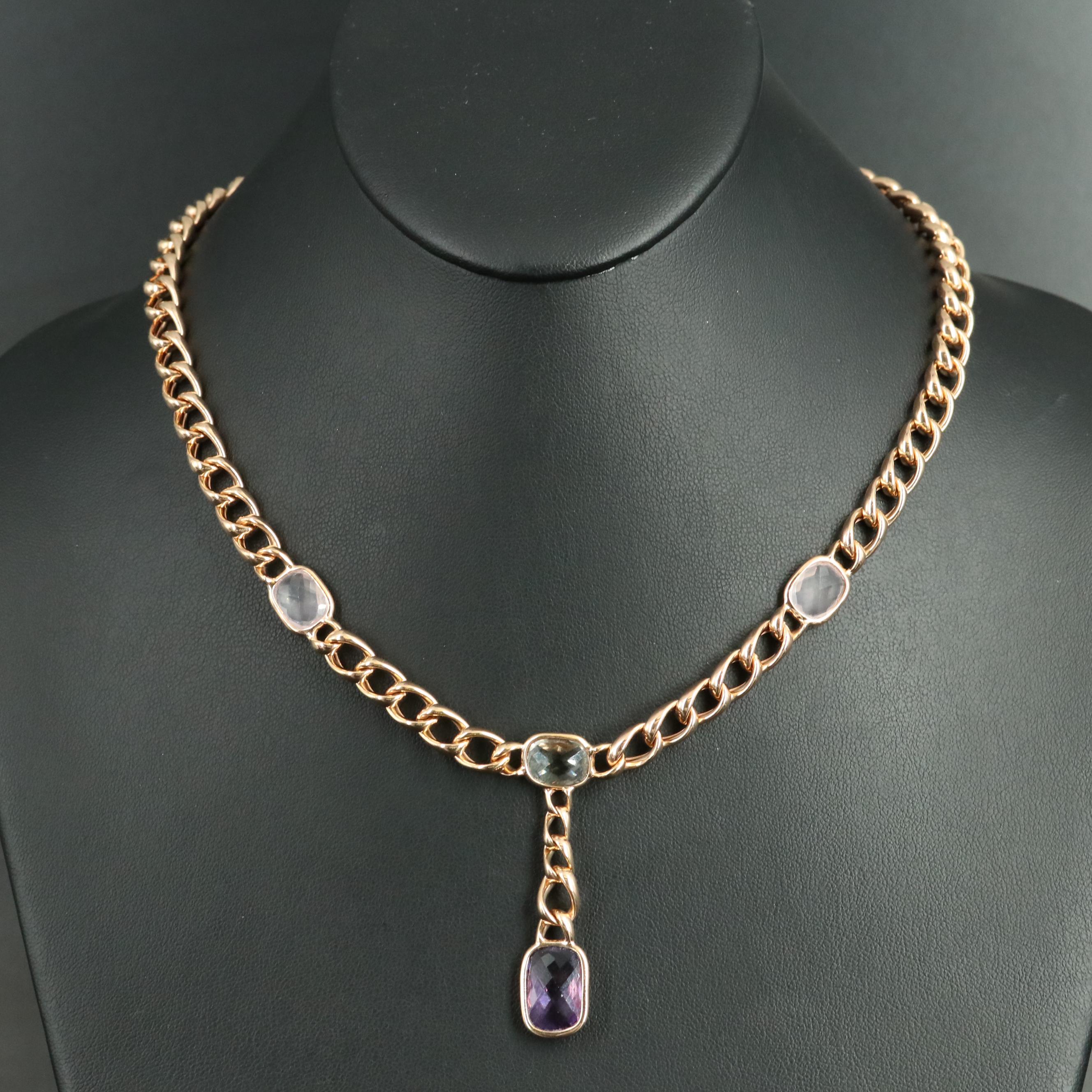 14K Rose Gold Amethyst, Prasiolite and Rose Quartz Station Necklace