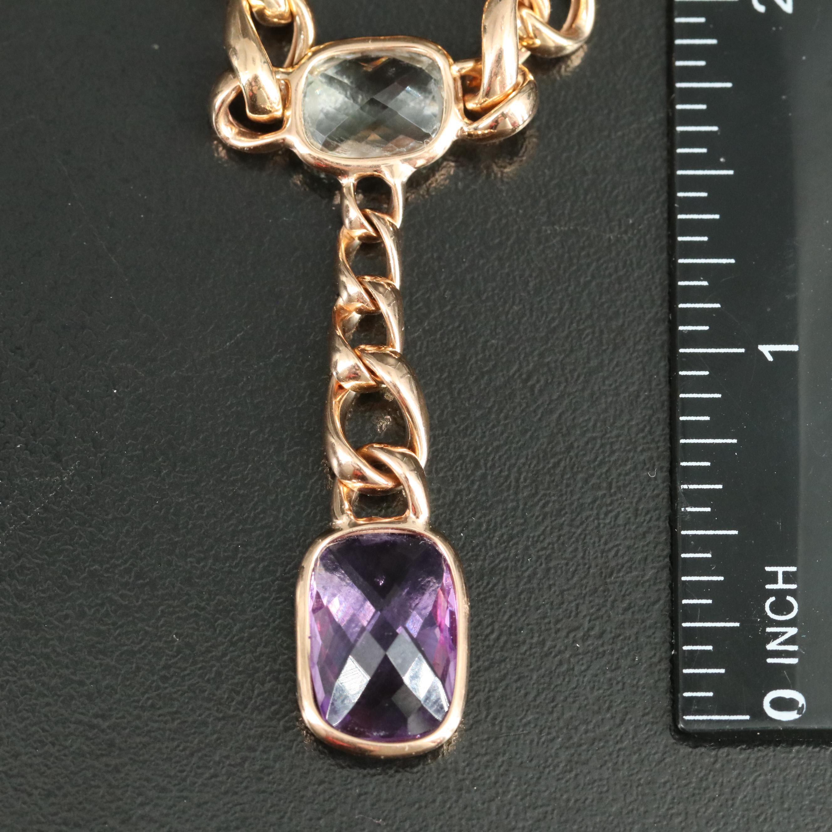 14K Rose Gold Amethyst, Prasiolite and Rose Quartz Station Necklace