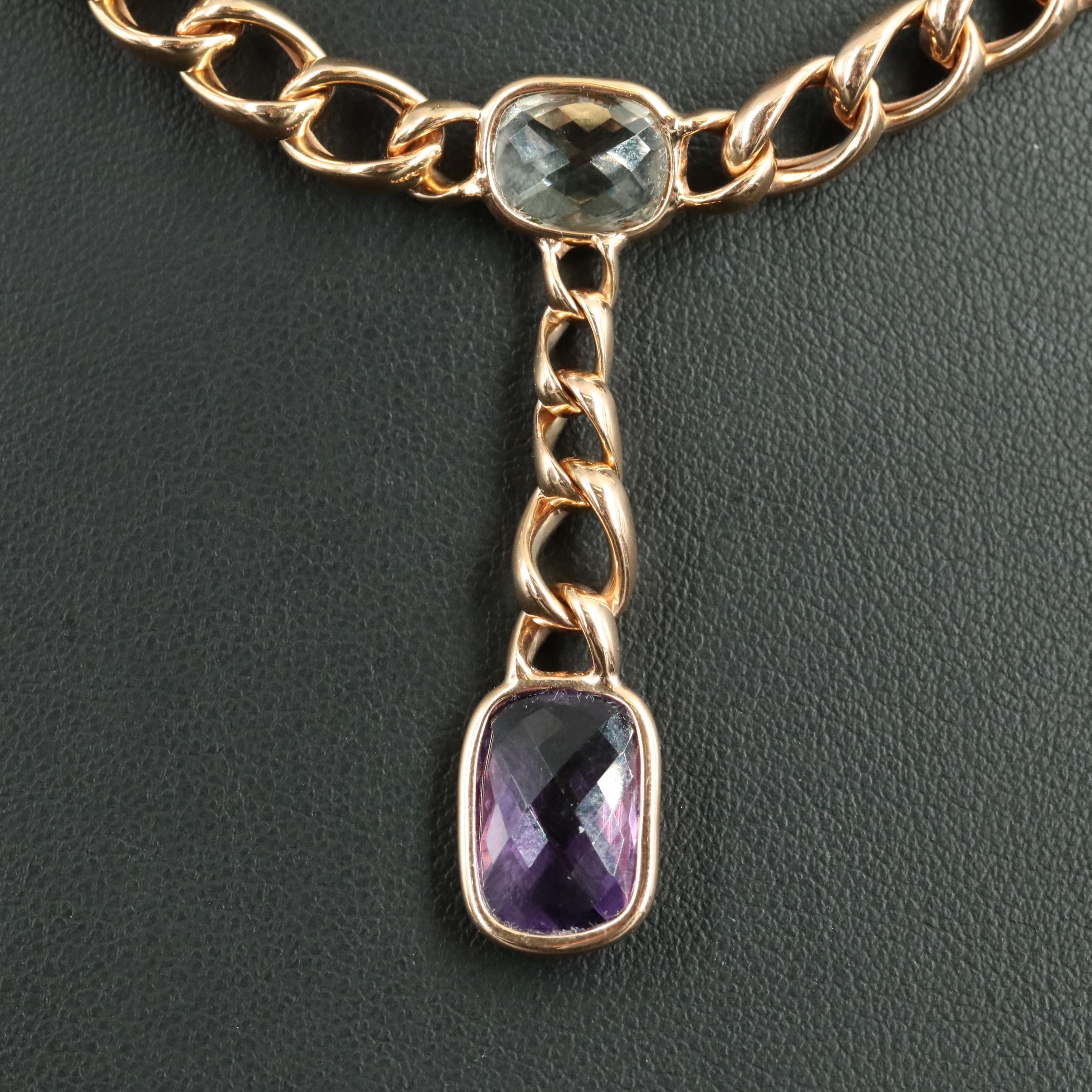 14K Rose Gold Amethyst, Prasiolite and Rose Quartz Station Necklace