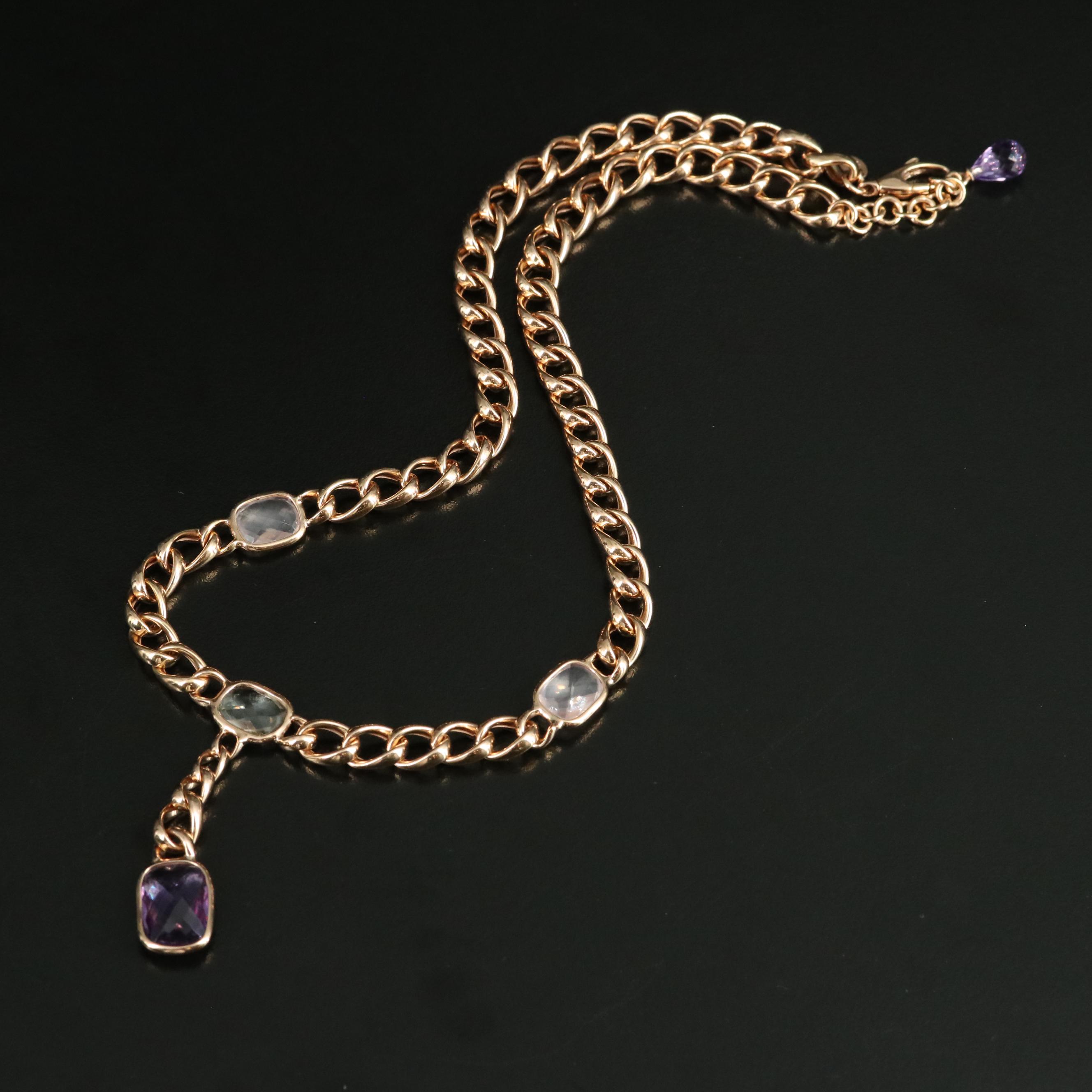 14K Rose Gold Amethyst, Prasiolite and Rose Quartz Station Necklace