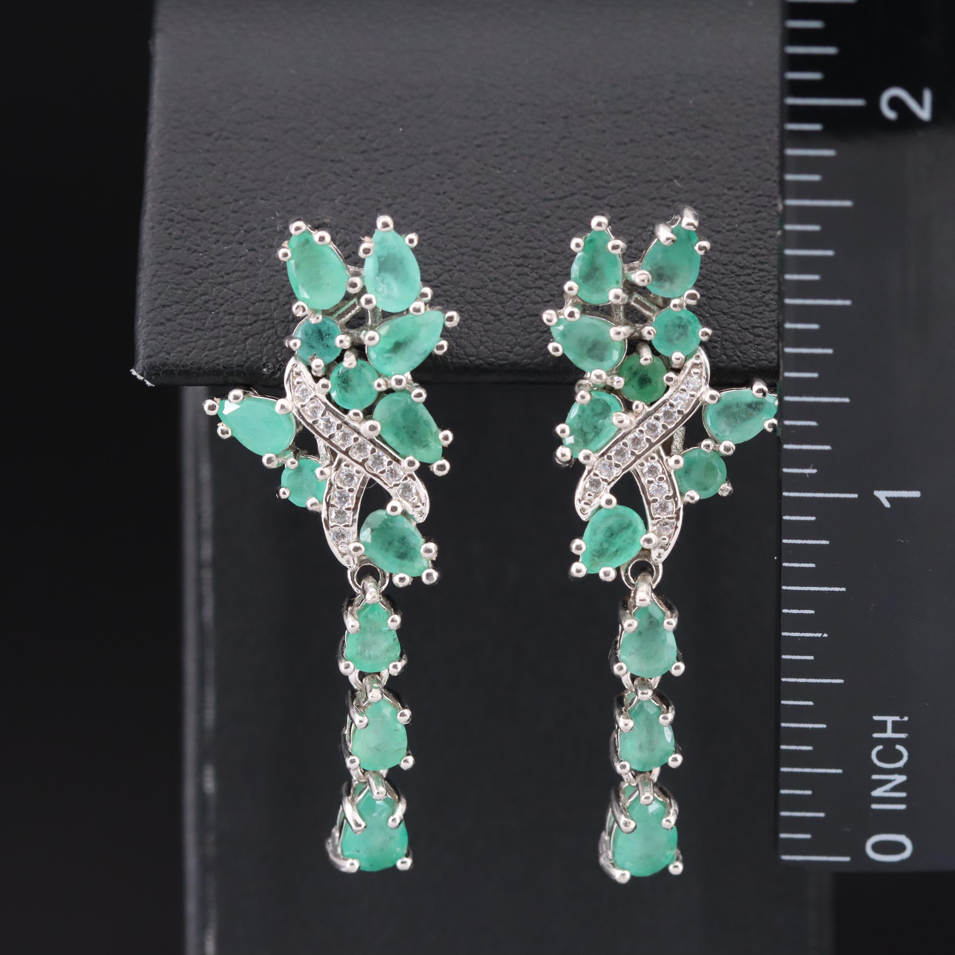 Sterling Emerald and Cubic Zirconia Cluster Earrings