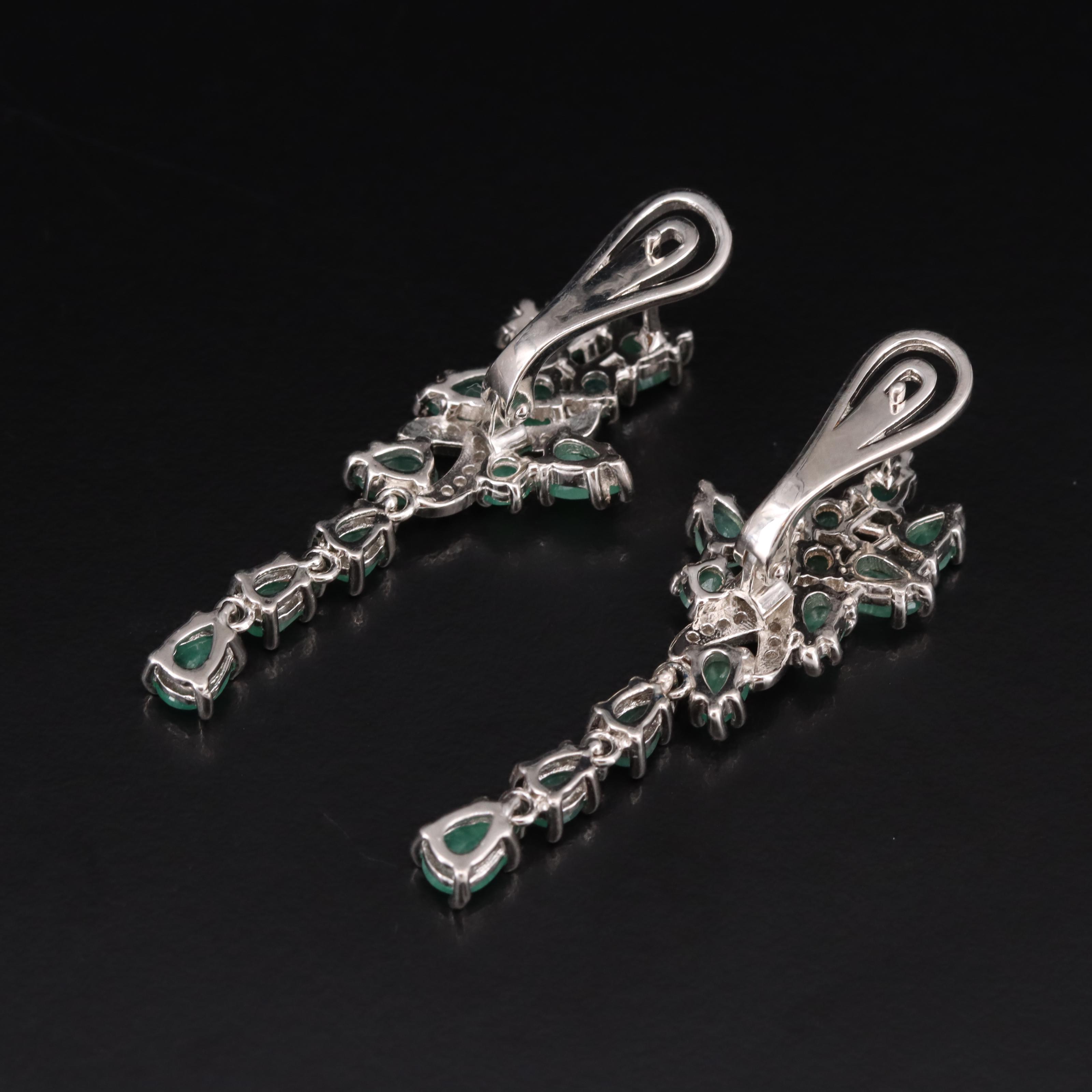 Sterling Emerald and Cubic Zirconia Cluster Earrings
