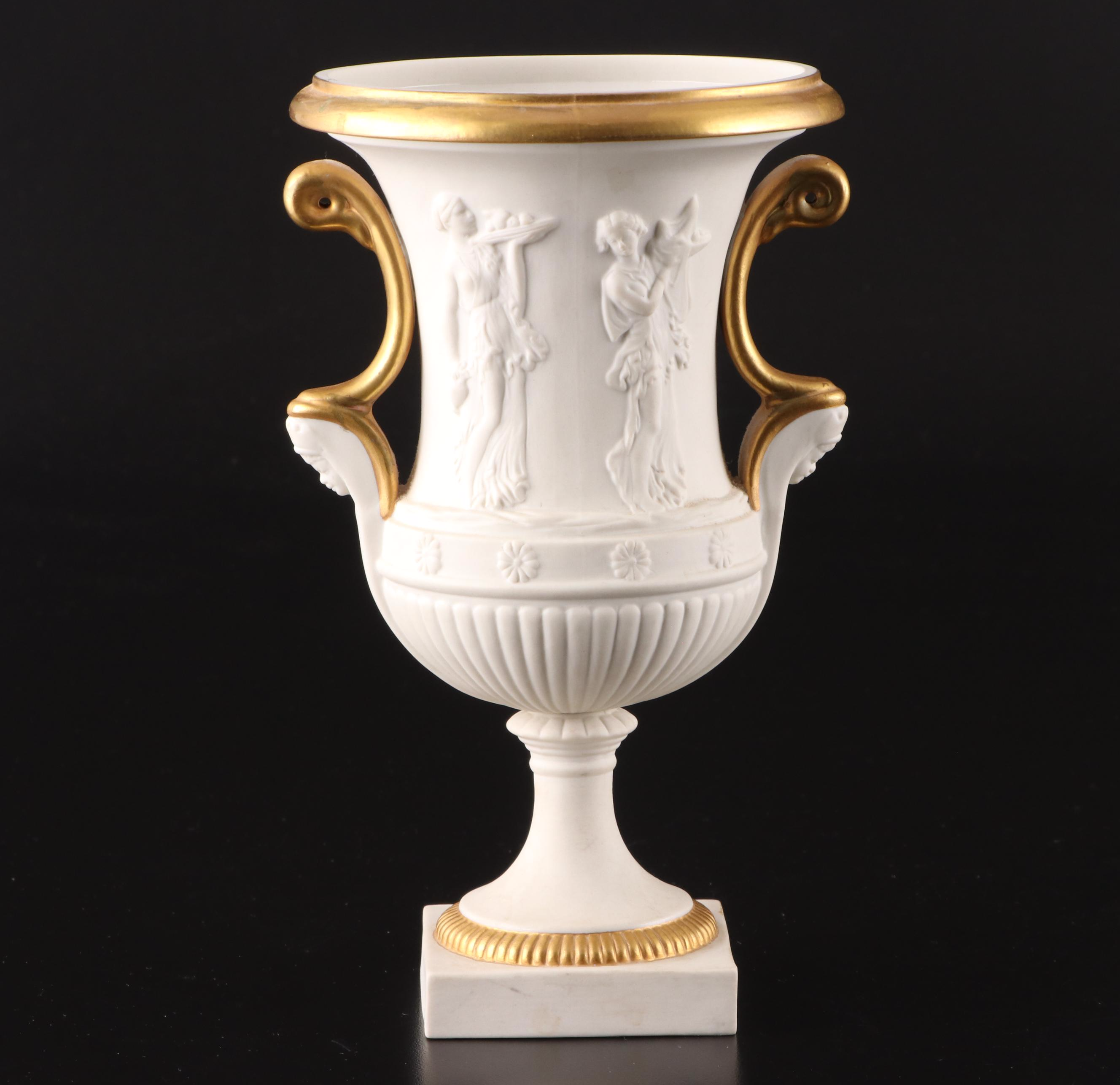 Pair of Italian Neoclassical Style Relief Bisque Porcelain Urns, Mid-20th C.