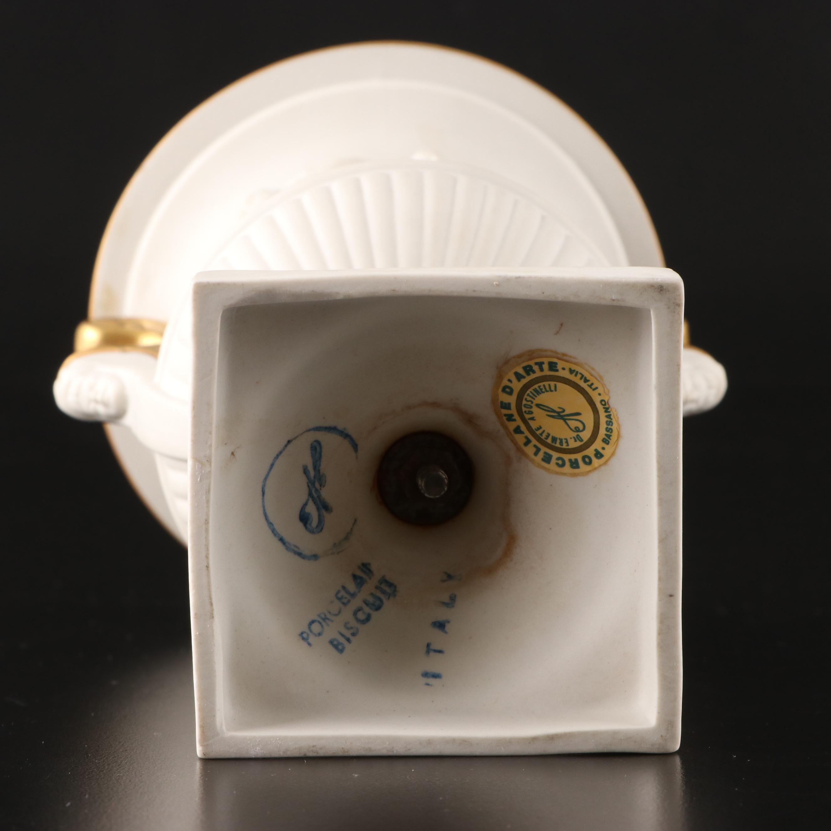 Pair of Italian Neoclassical Style Relief Bisque Porcelain Urns, Mid-20th C.