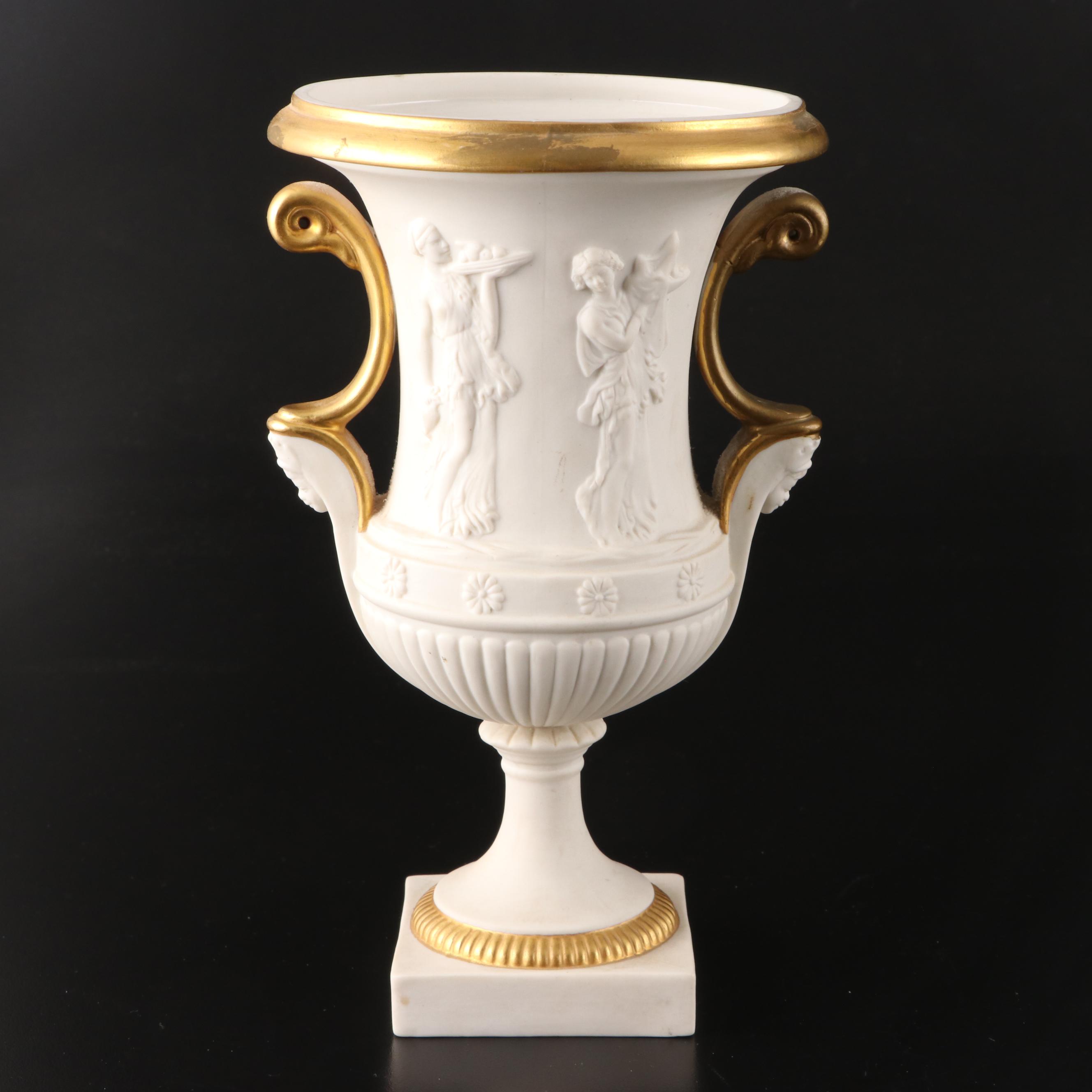 Pair of Italian Neoclassical Style Relief Bisque Porcelain Urns, Mid-20th C.