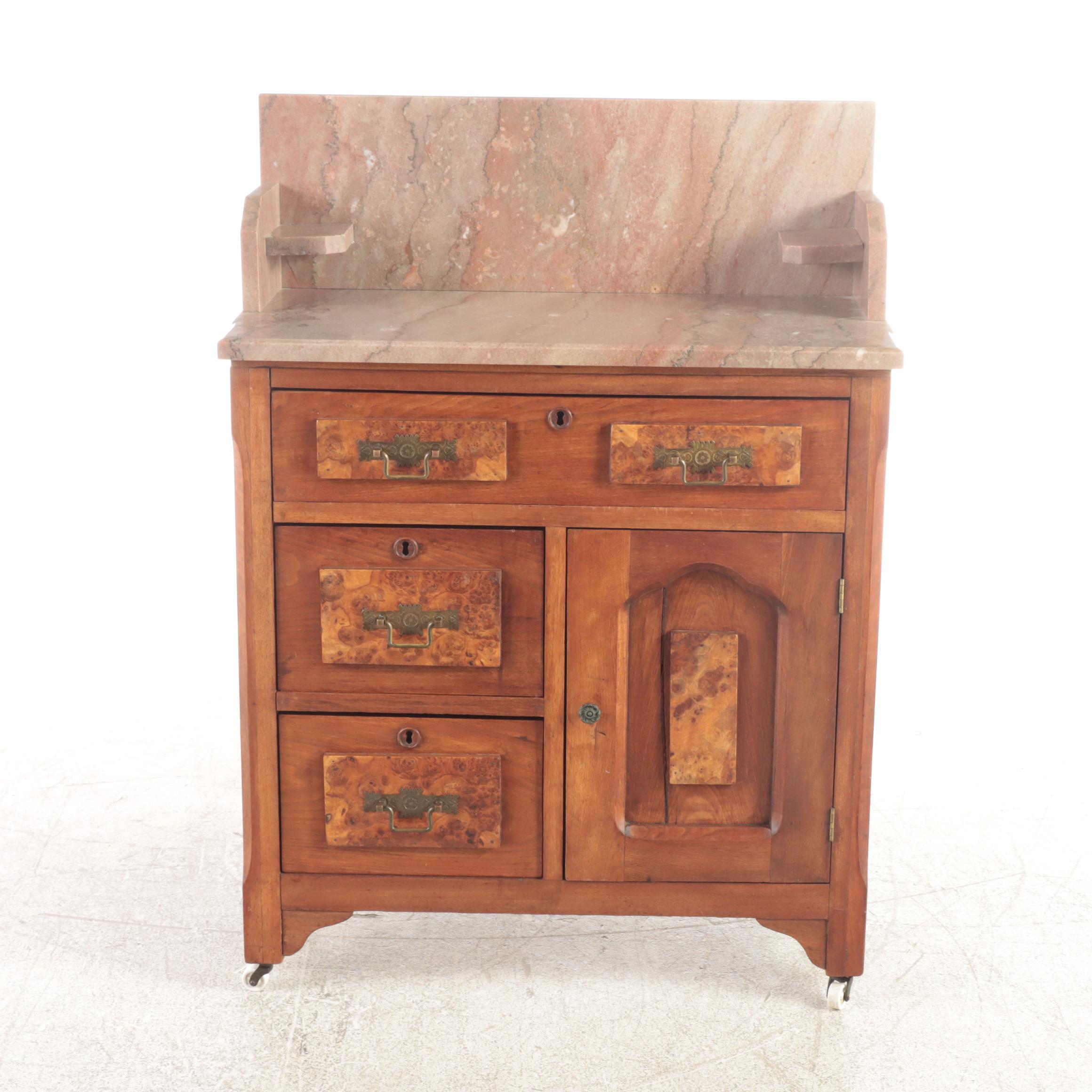 Victorian Walnut, Burl Walnut, and Marble Top Washstand, Late 19th Century