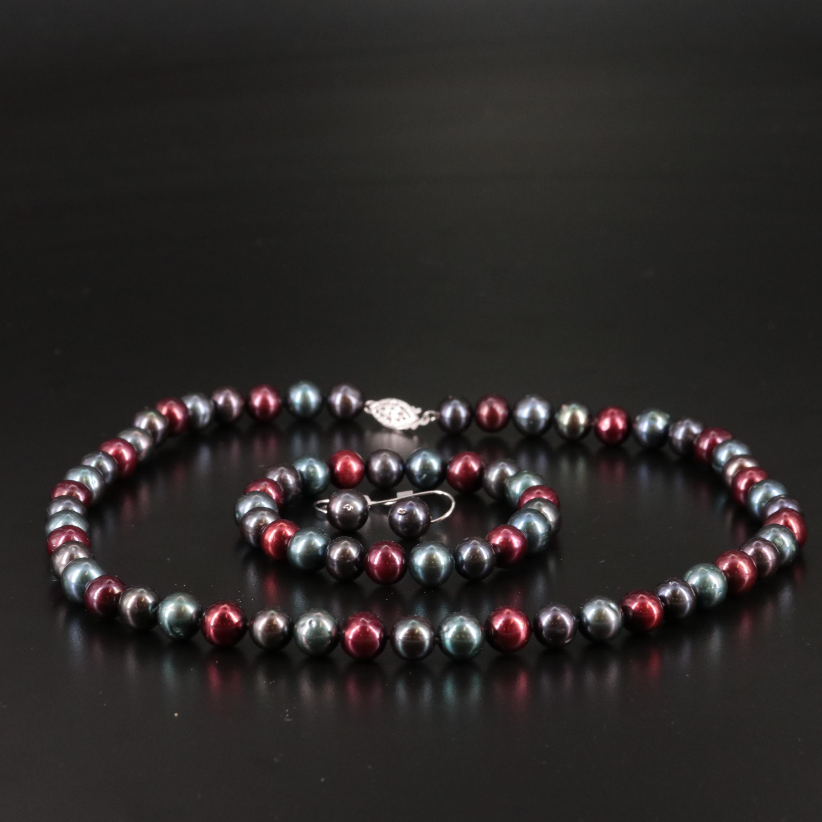 Sterling Pearl Necklace with Matching Expandable Bracelet and Earrings