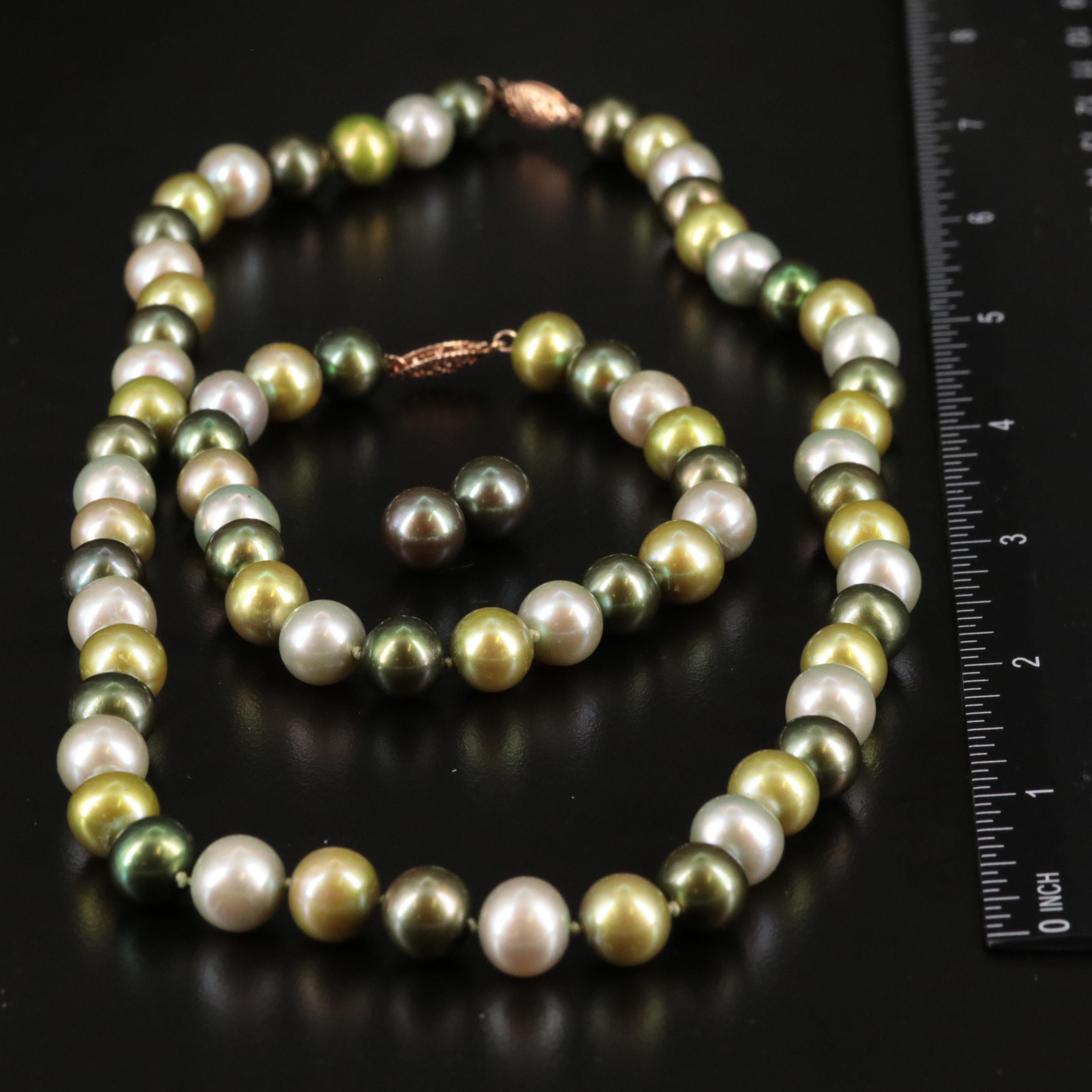 Matching 14K Pearl Necklace, Bracelet, and Stud Earrings