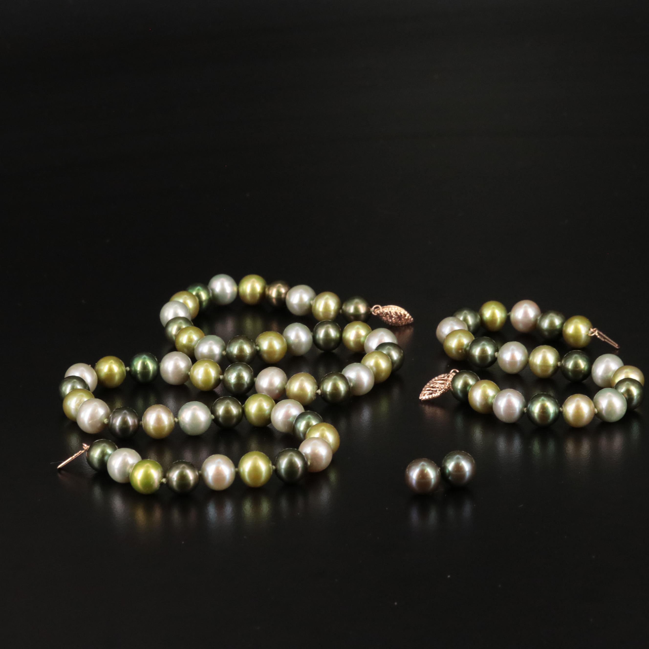 Matching 14K Pearl Necklace, Bracelet, and Stud Earrings