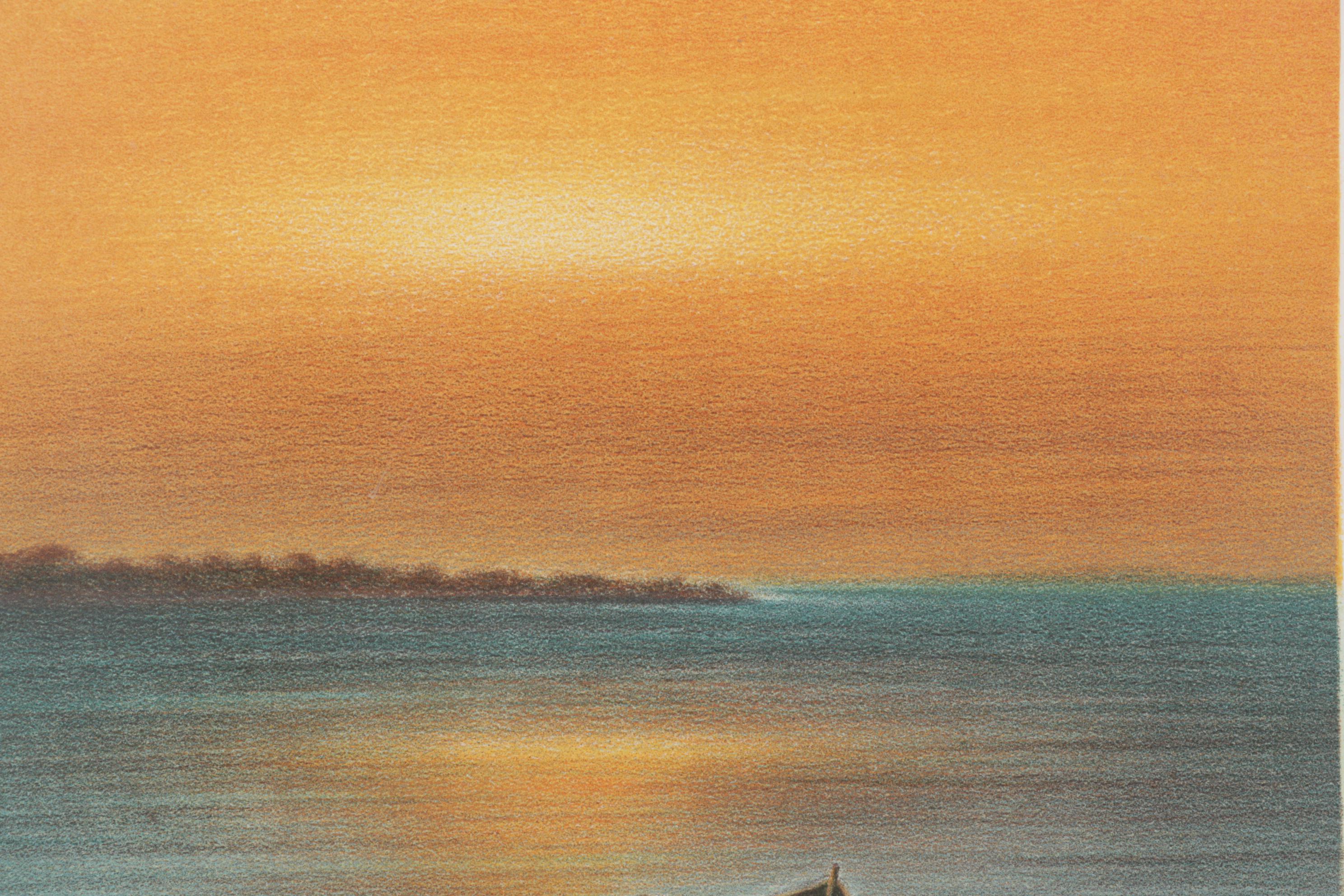 Roberto Righi Color Lithograph of Boats Floating Offshore, Circa 1970