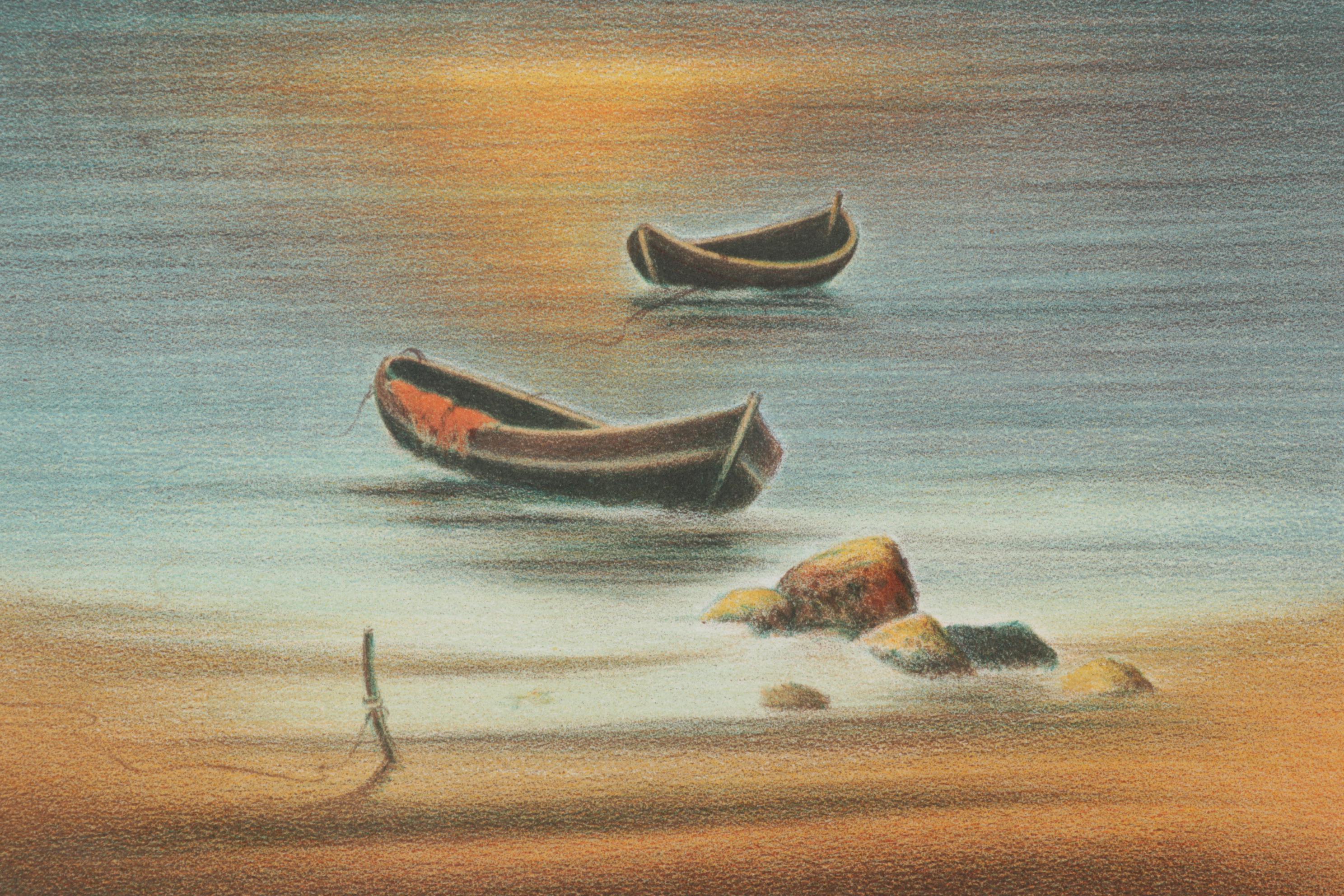 Roberto Righi Color Lithograph of Boats Floating Offshore, Circa 1970