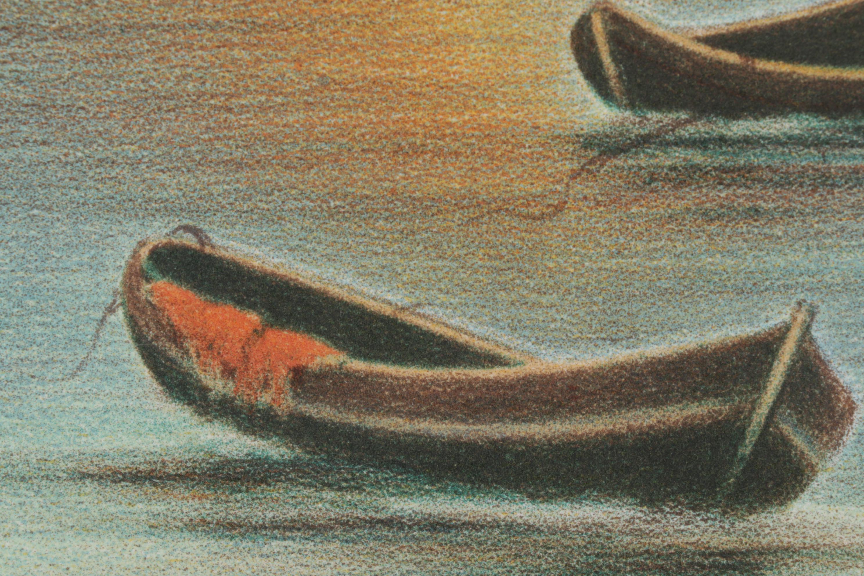 Roberto Righi Color Lithograph of Boats Floating Offshore, Circa 1970