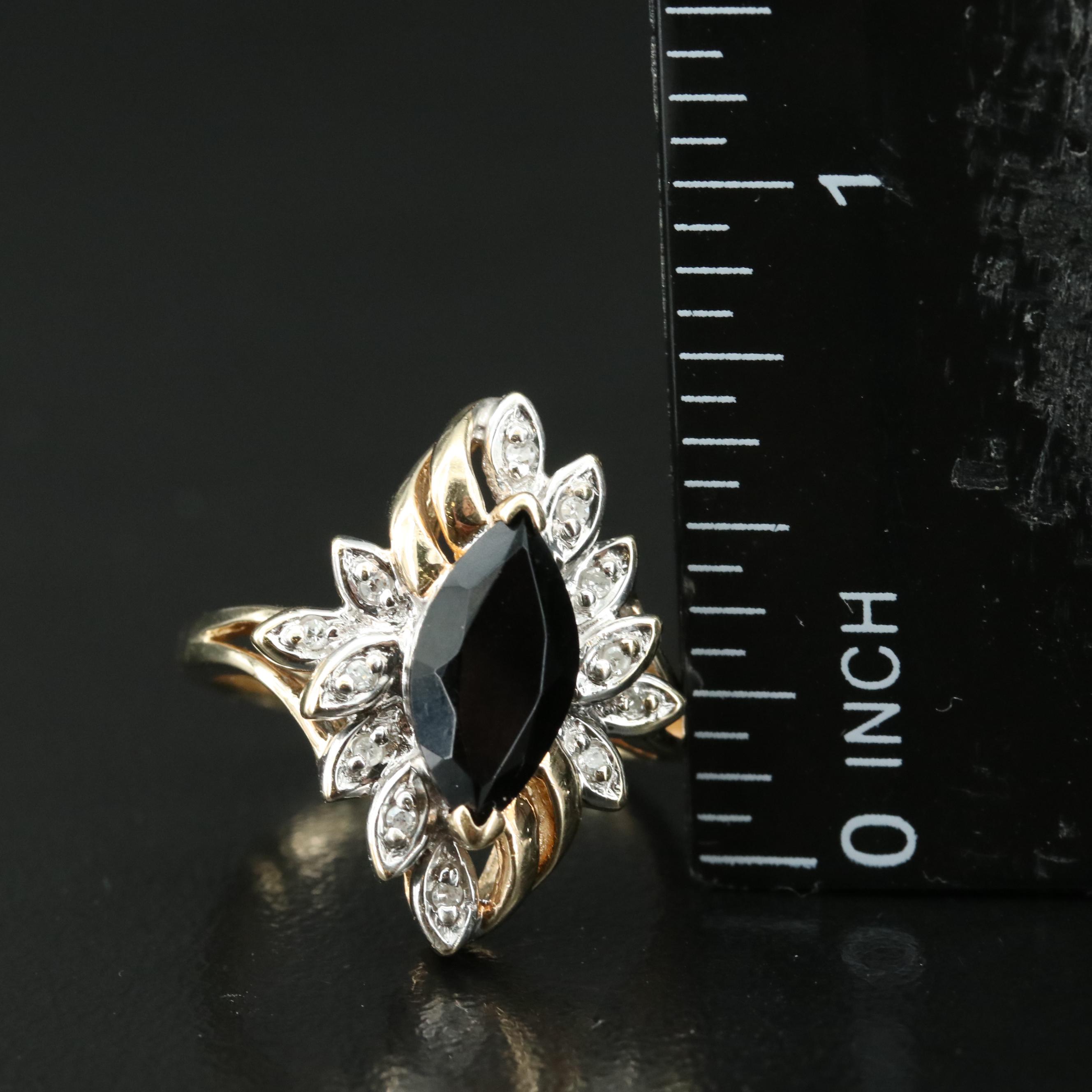 Vintage 10K Black Onyx and Diamond Navette Ring