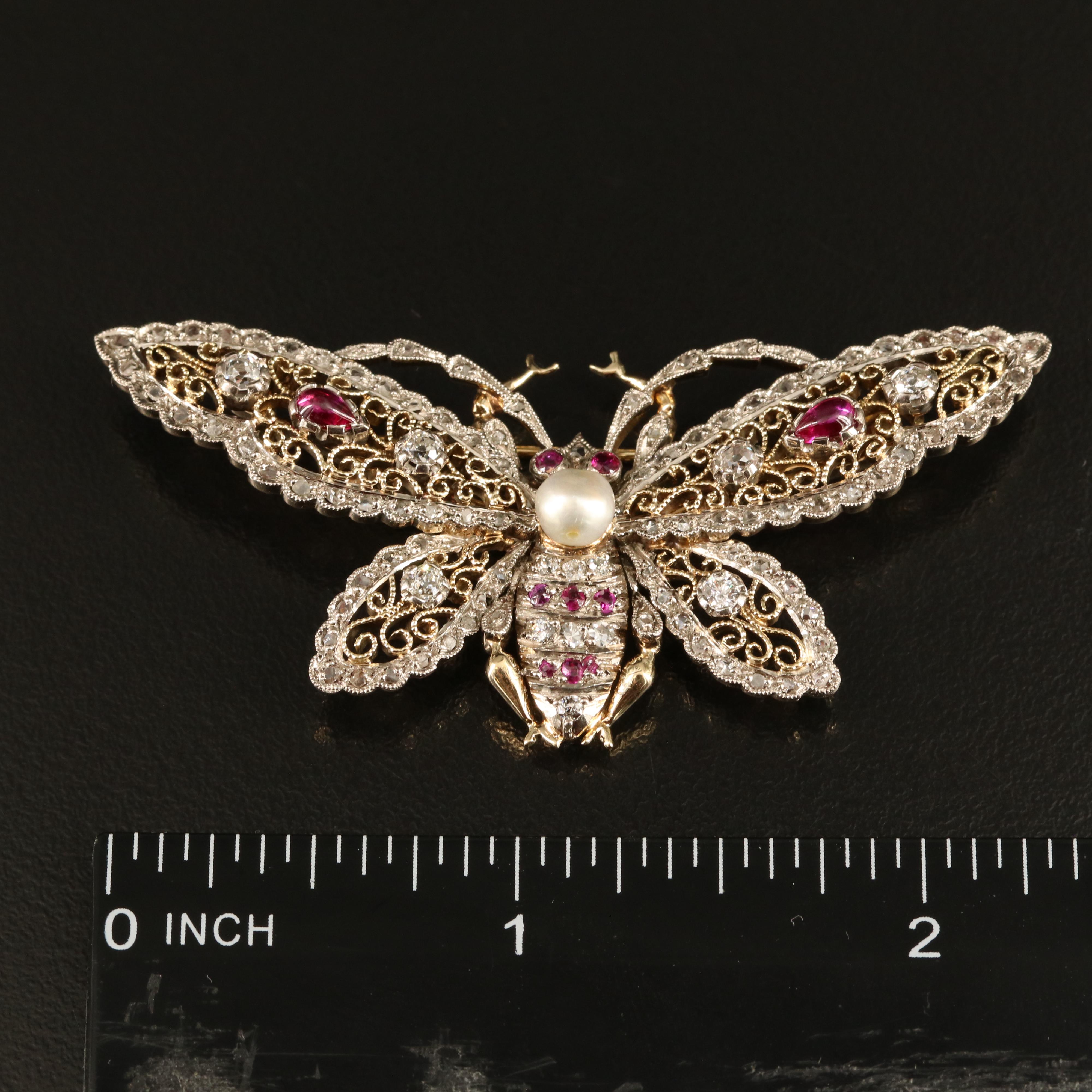 14K Diamond, Ruby and Pearl Butterfly Pin with Filigree Wings and Palladium