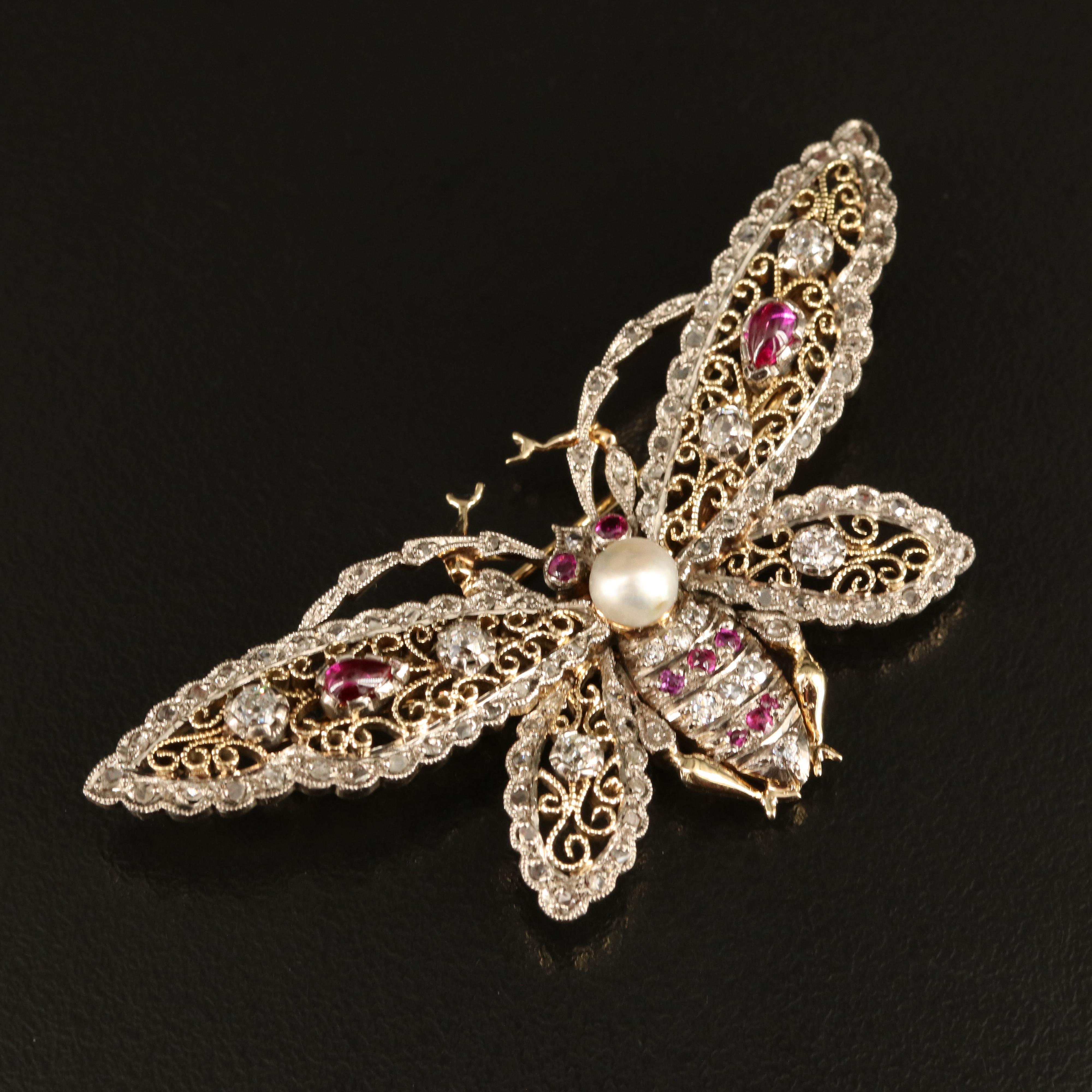 14K Diamond, Ruby and Pearl Butterfly Pin with Filigree Wings and Palladium