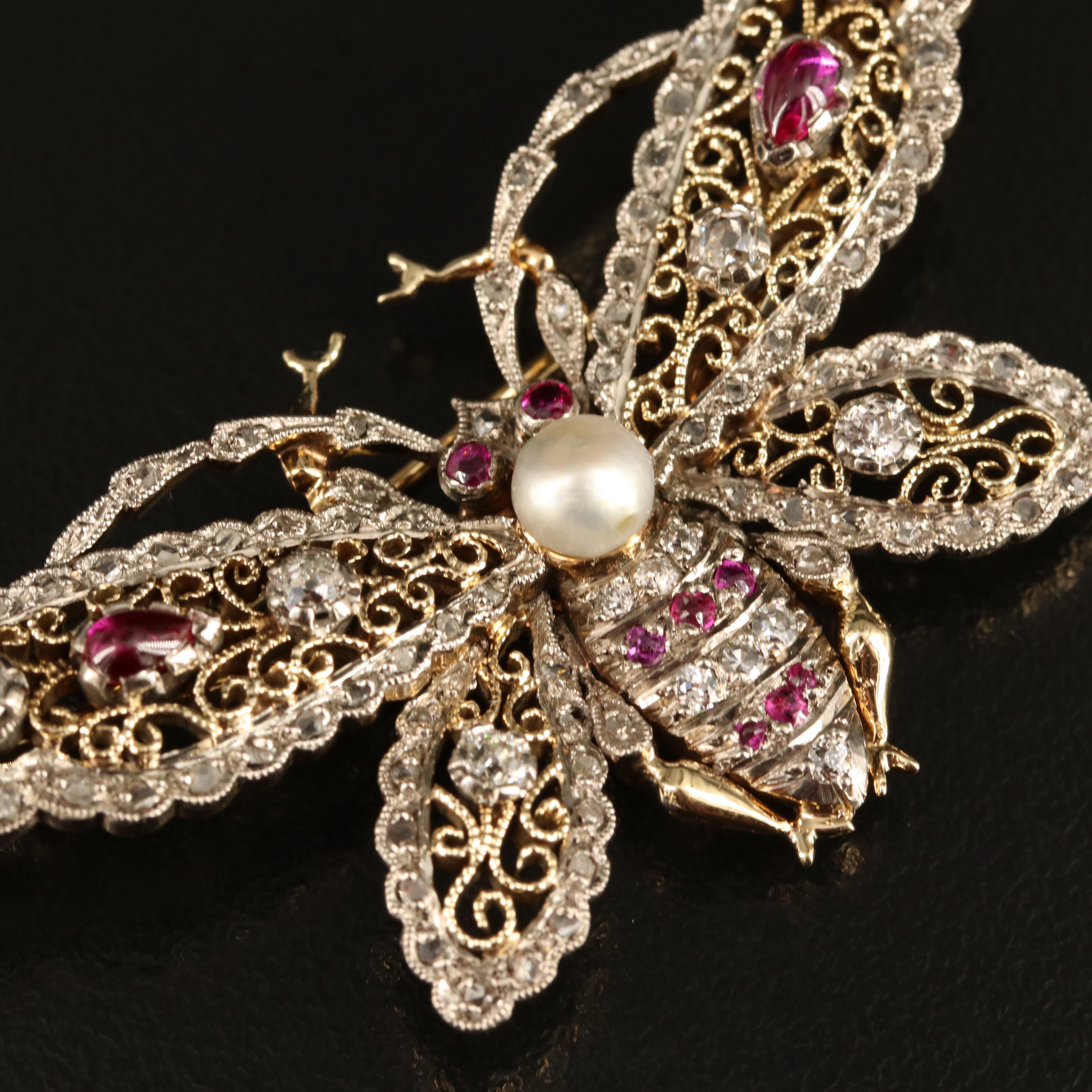 14K Diamond, Ruby and Pearl Butterfly Pin with Filigree Wings and Palladium