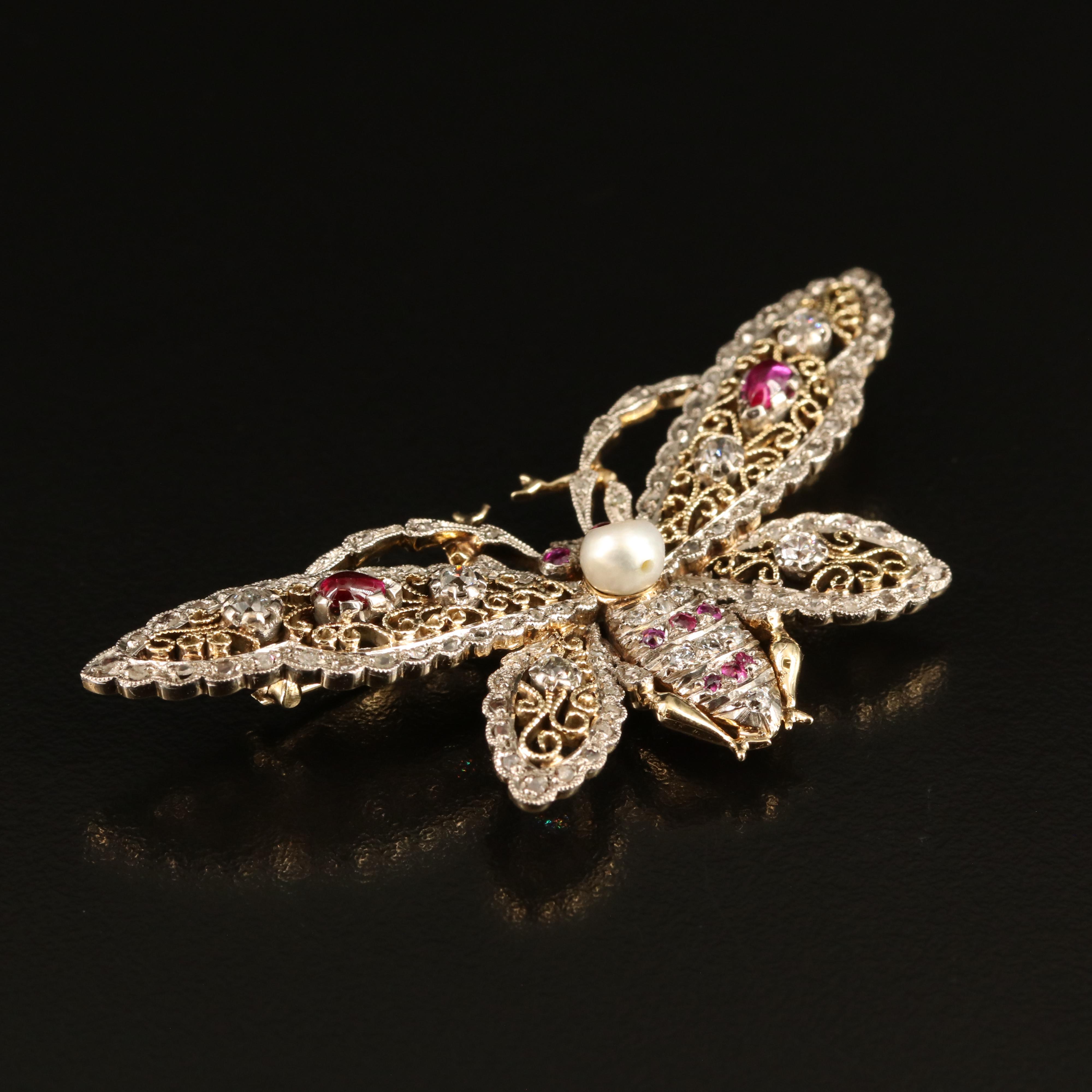 14K Diamond, Ruby and Pearl Butterfly Pin with Filigree Wings and Palladium