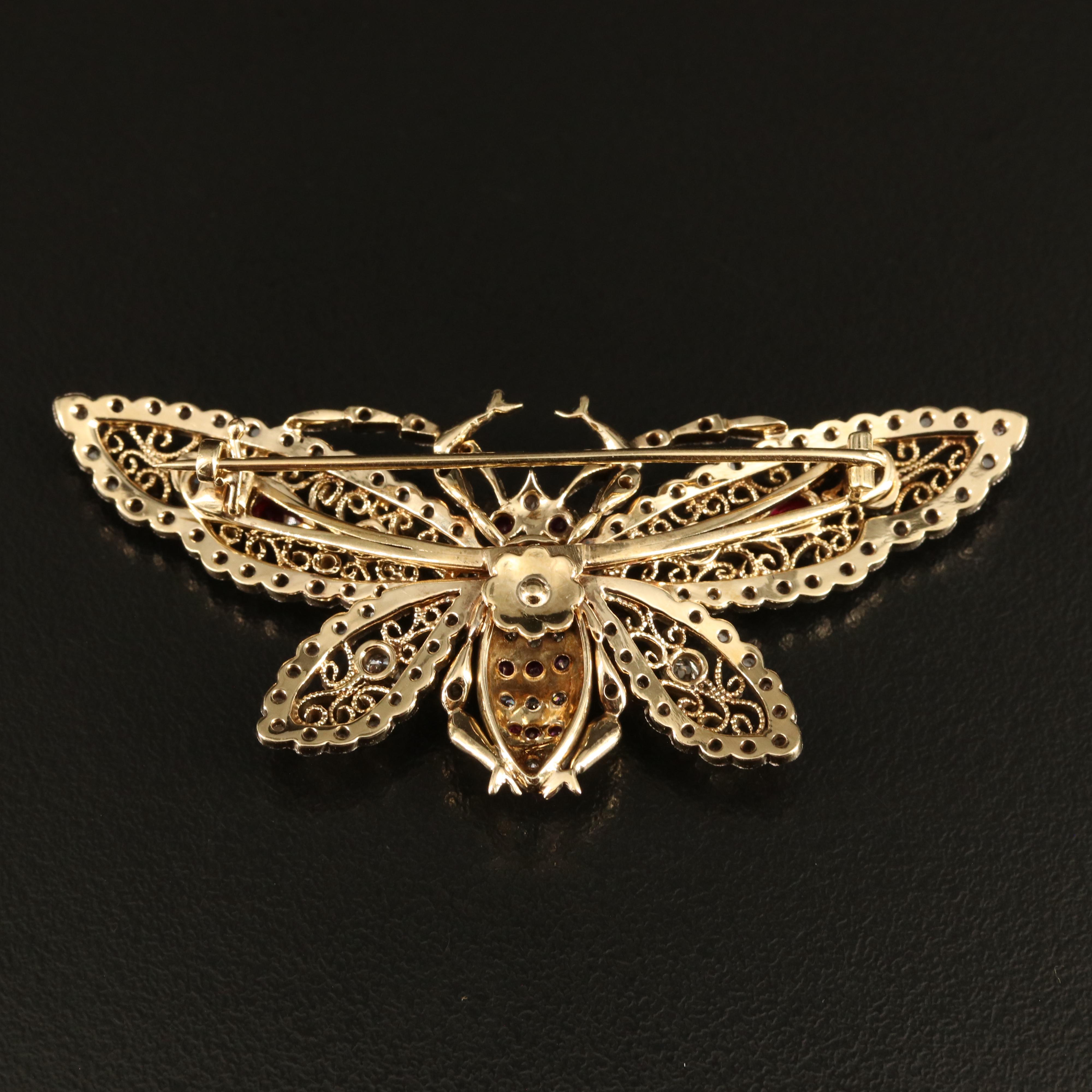 14K Diamond, Ruby and Pearl Butterfly Pin with Filigree Wings and Palladium