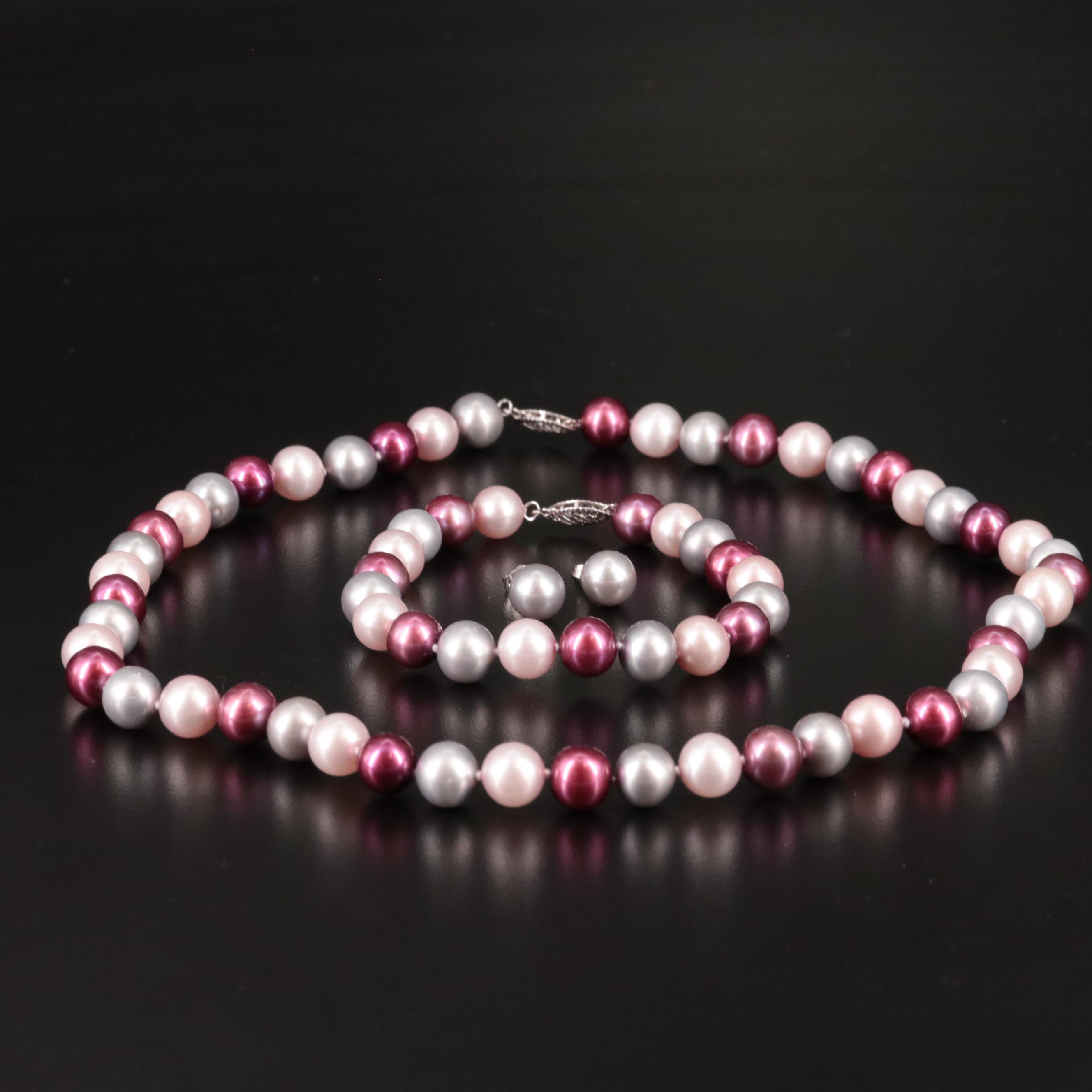 14K Pearl Necklace, Bracelet, and Earrings Set