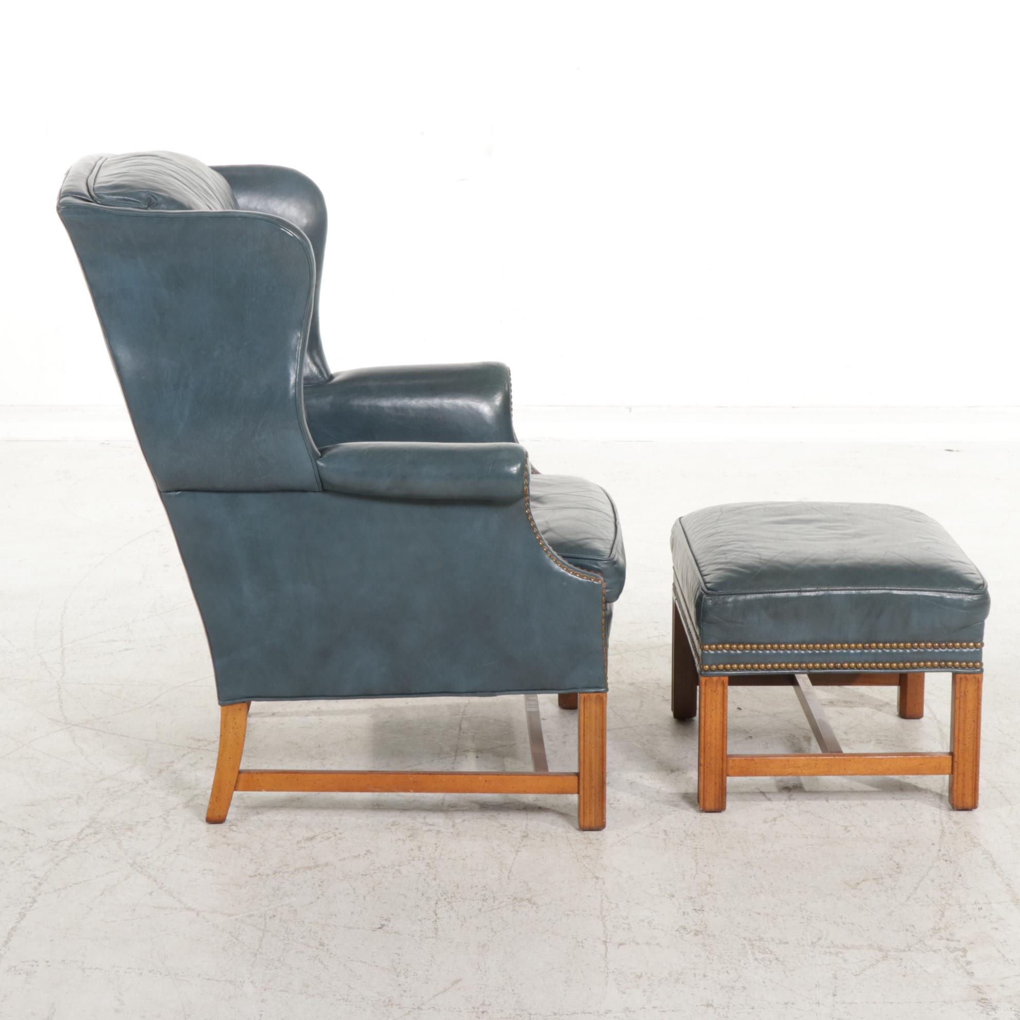 Sherrill Chippendale Style Brass Tacked and Blue Leather Wingback Armchair