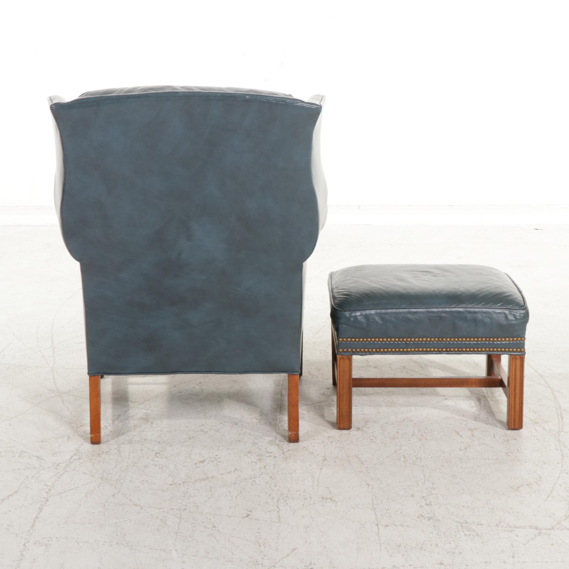 Sherrill Chippendale Style Brass Tacked and Blue Leather Wingback Armchair