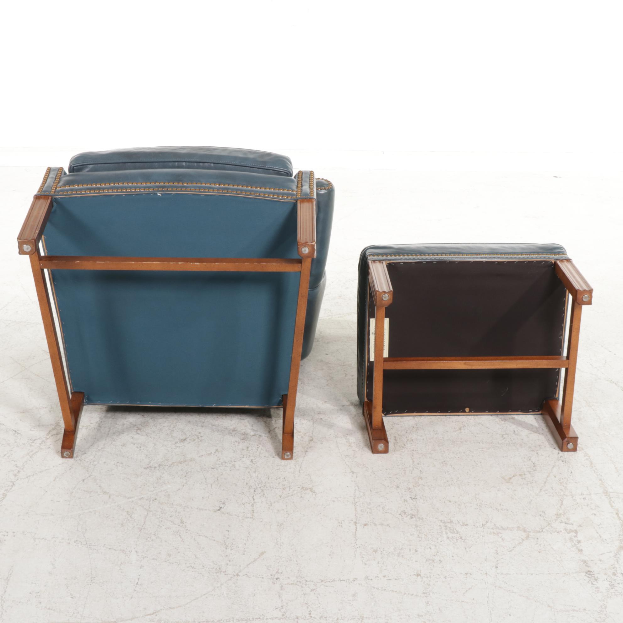 Sherrill Chippendale Style Brass Tacked and Blue Leather Wingback Armchair