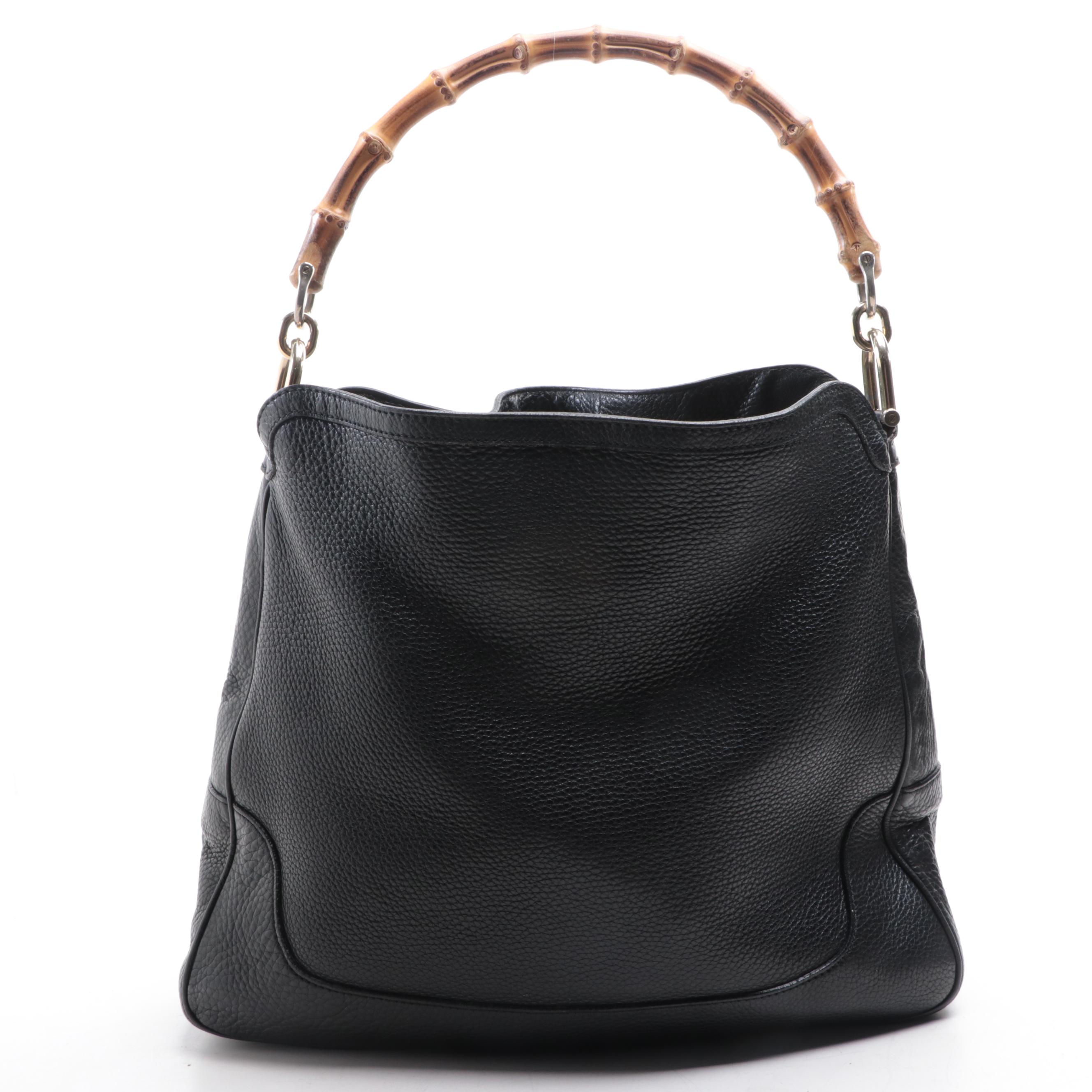 Gucci Diana Bamboo Top Handle Hobo Bag in Black Pebbled Leather