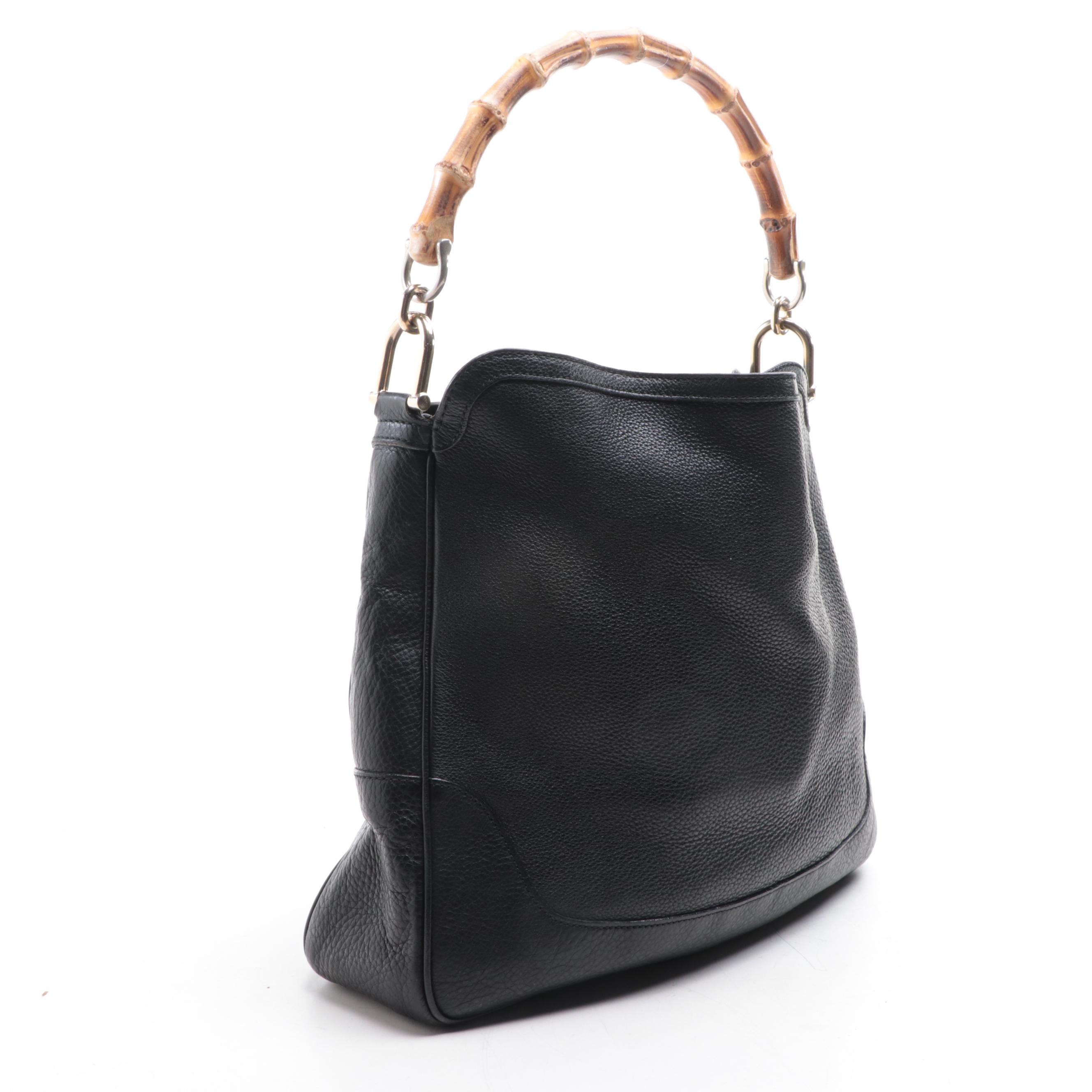 Gucci Diana Bamboo Top Handle Hobo Bag in Black Pebbled Leather