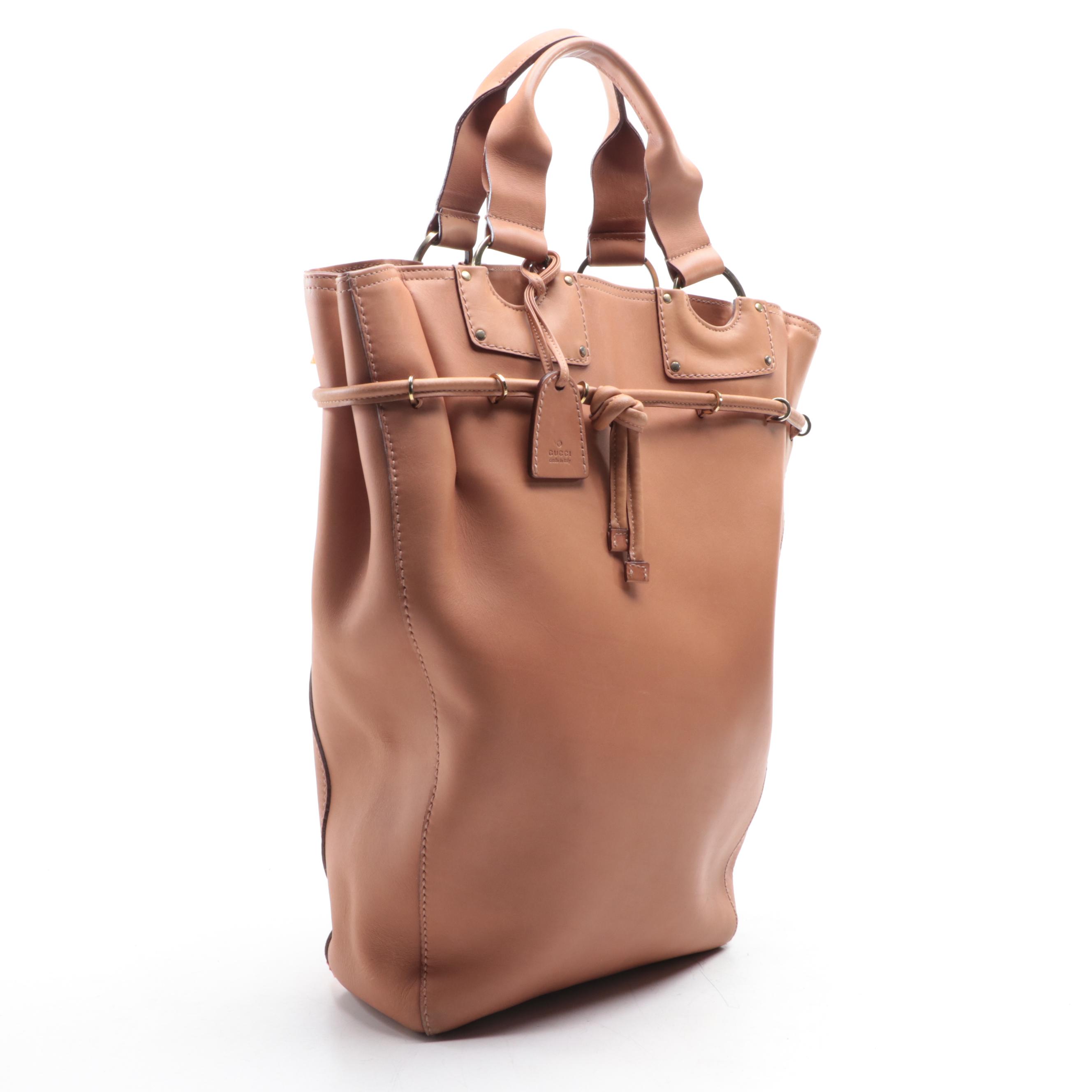 Gucci Top Handle North South Tote in Cognac Leather with Drawstring Detail