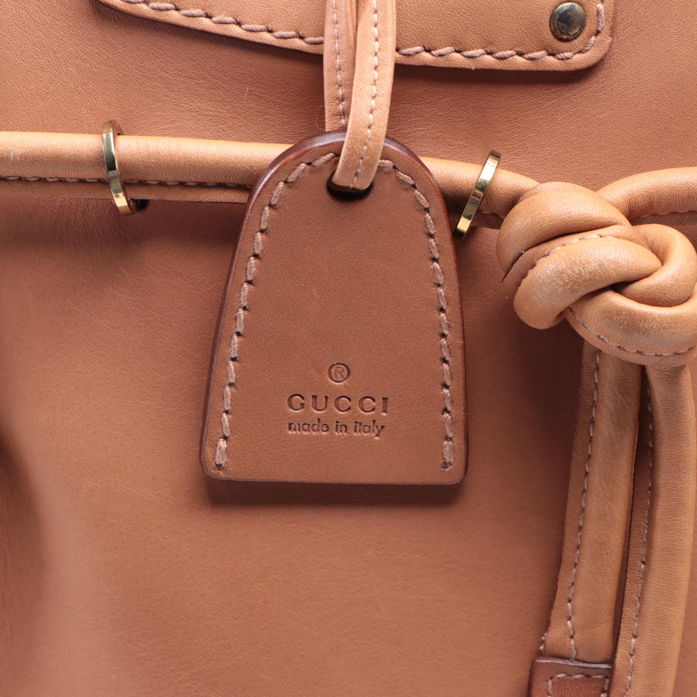 Gucci Top Handle North South Tote in Cognac Leather with Drawstring Detail