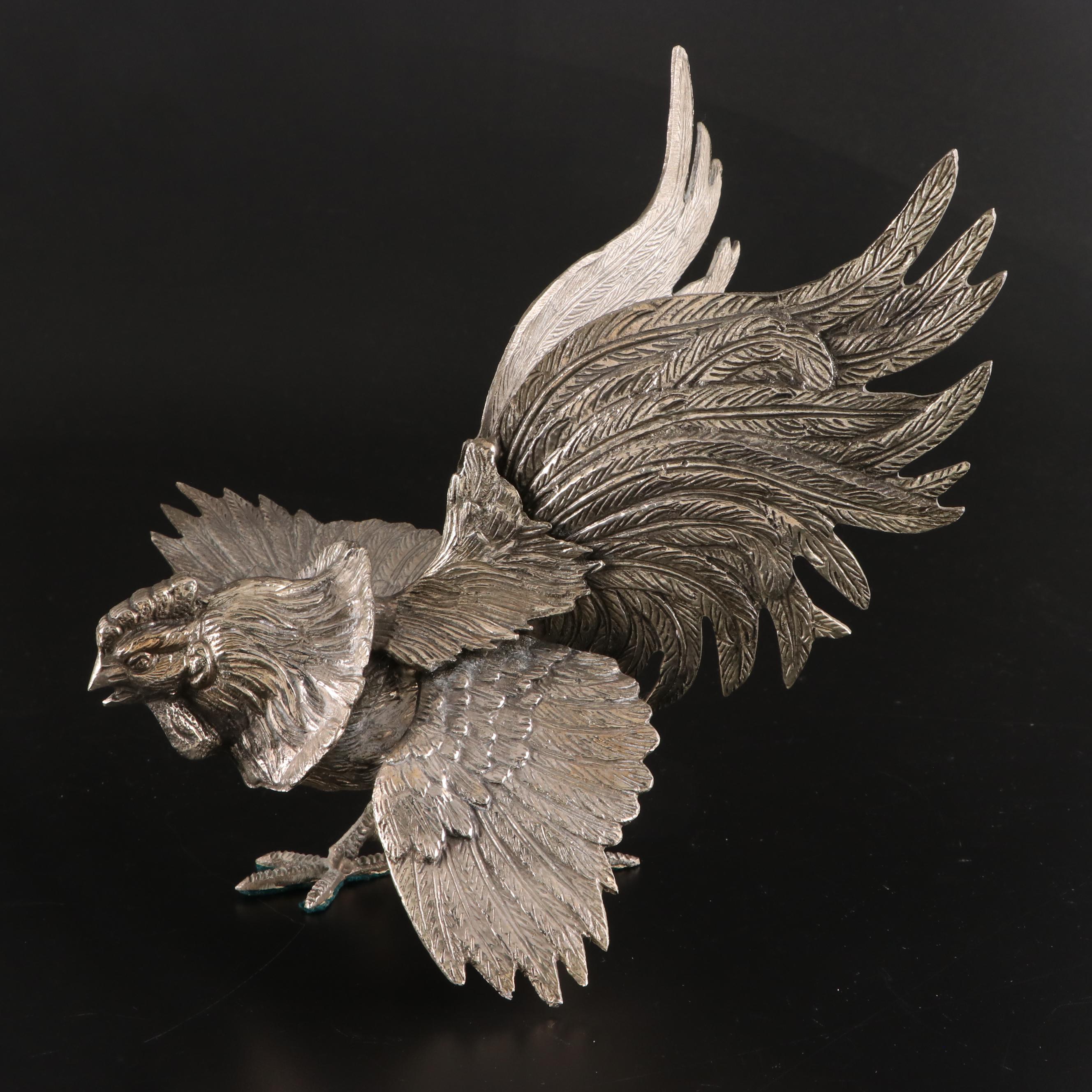 Pair of Italian Cast Metal and Brass Fighting Roosters Figurines