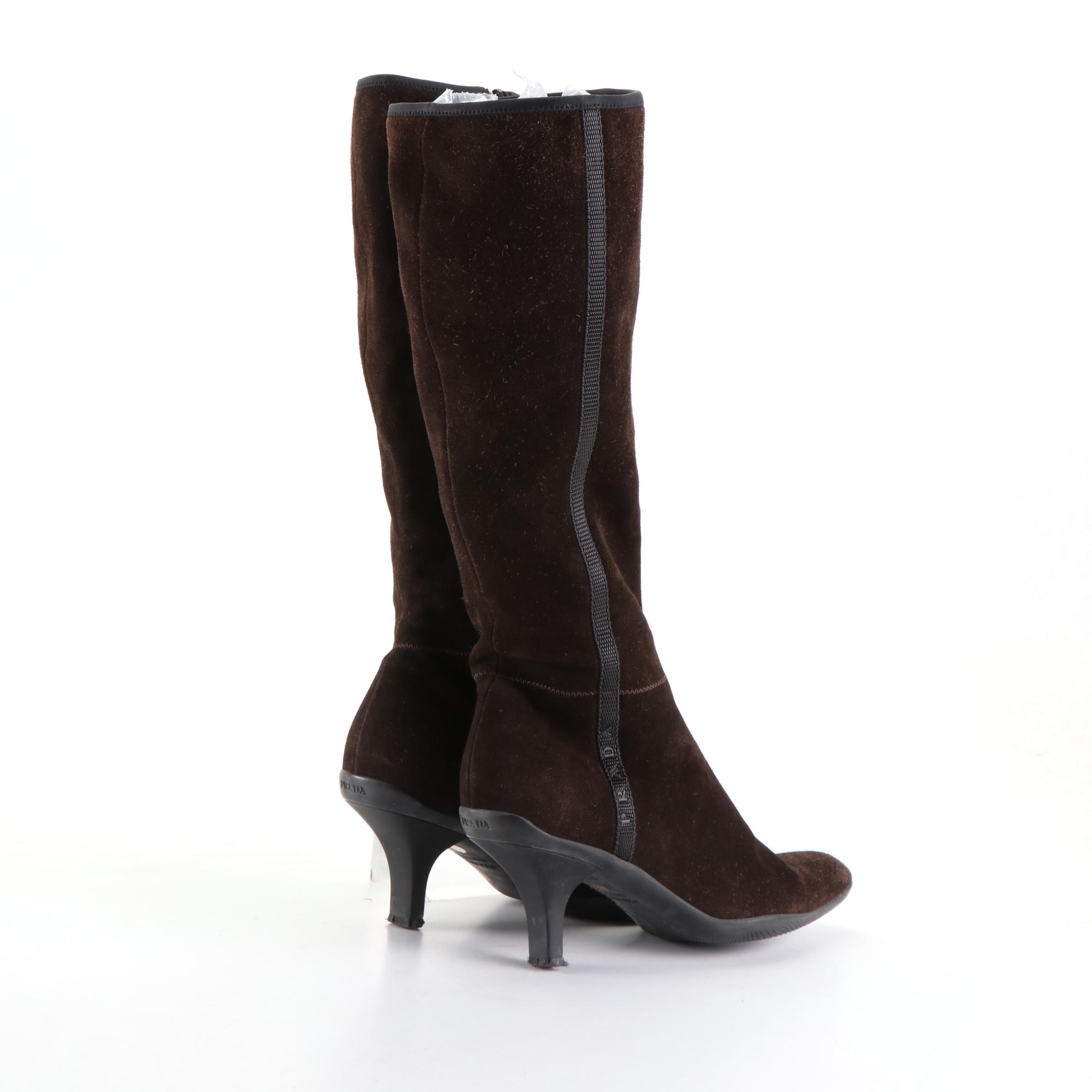 Prada Zip Boots in Brown Suede with Black Signature Stripe