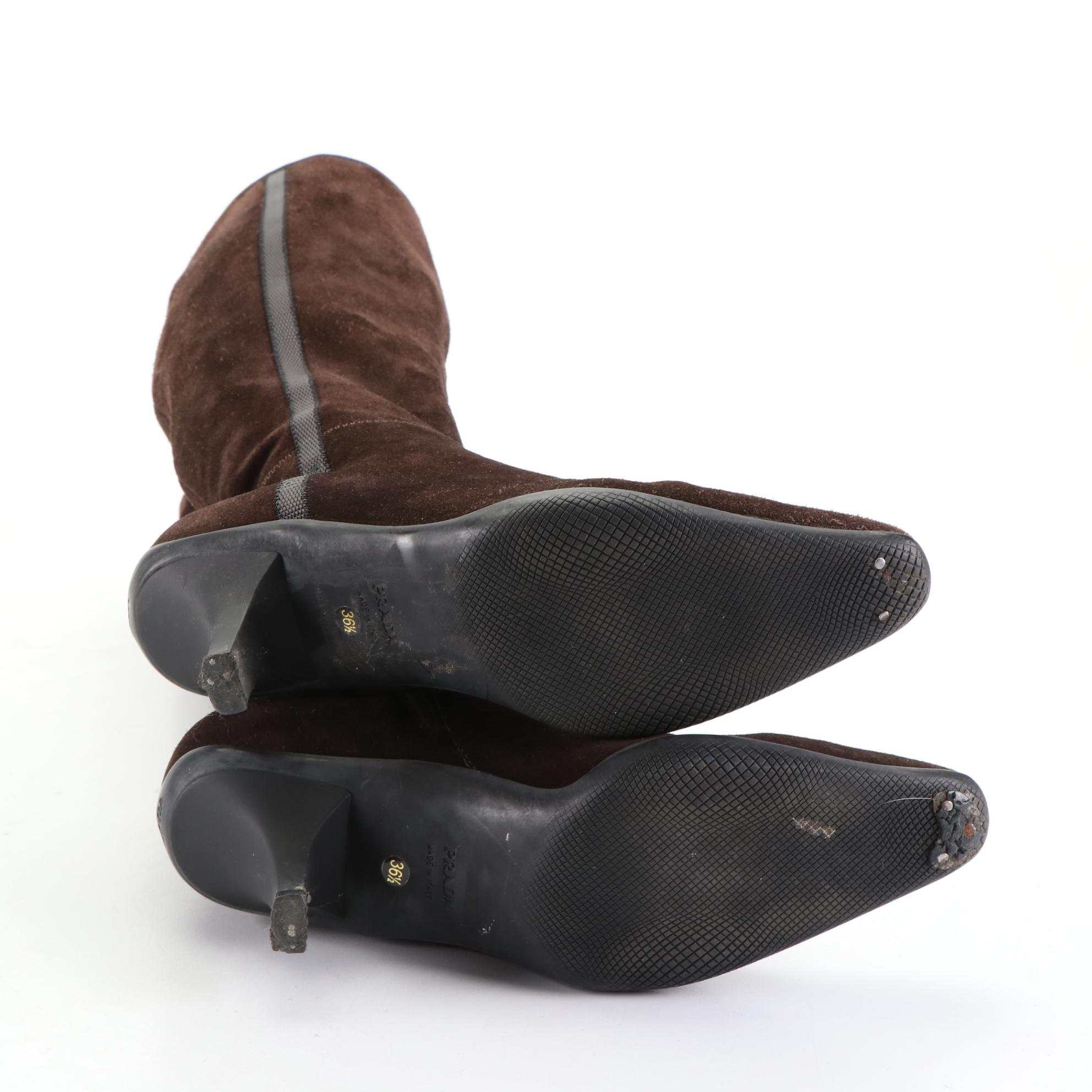 Prada Zip Boots in Brown Suede with Black Signature Stripe