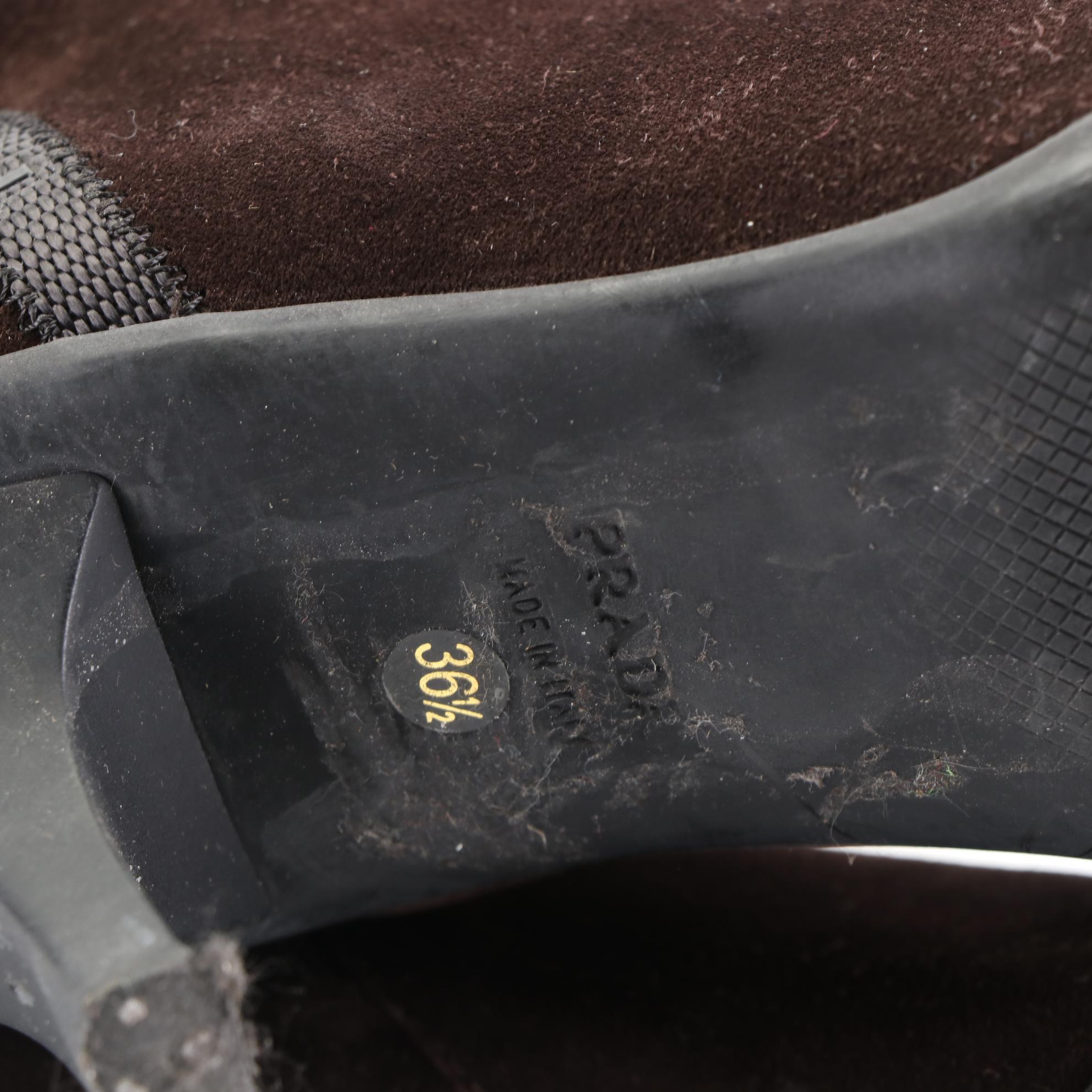 Prada Zip Boots in Brown Suede with Black Signature Stripe