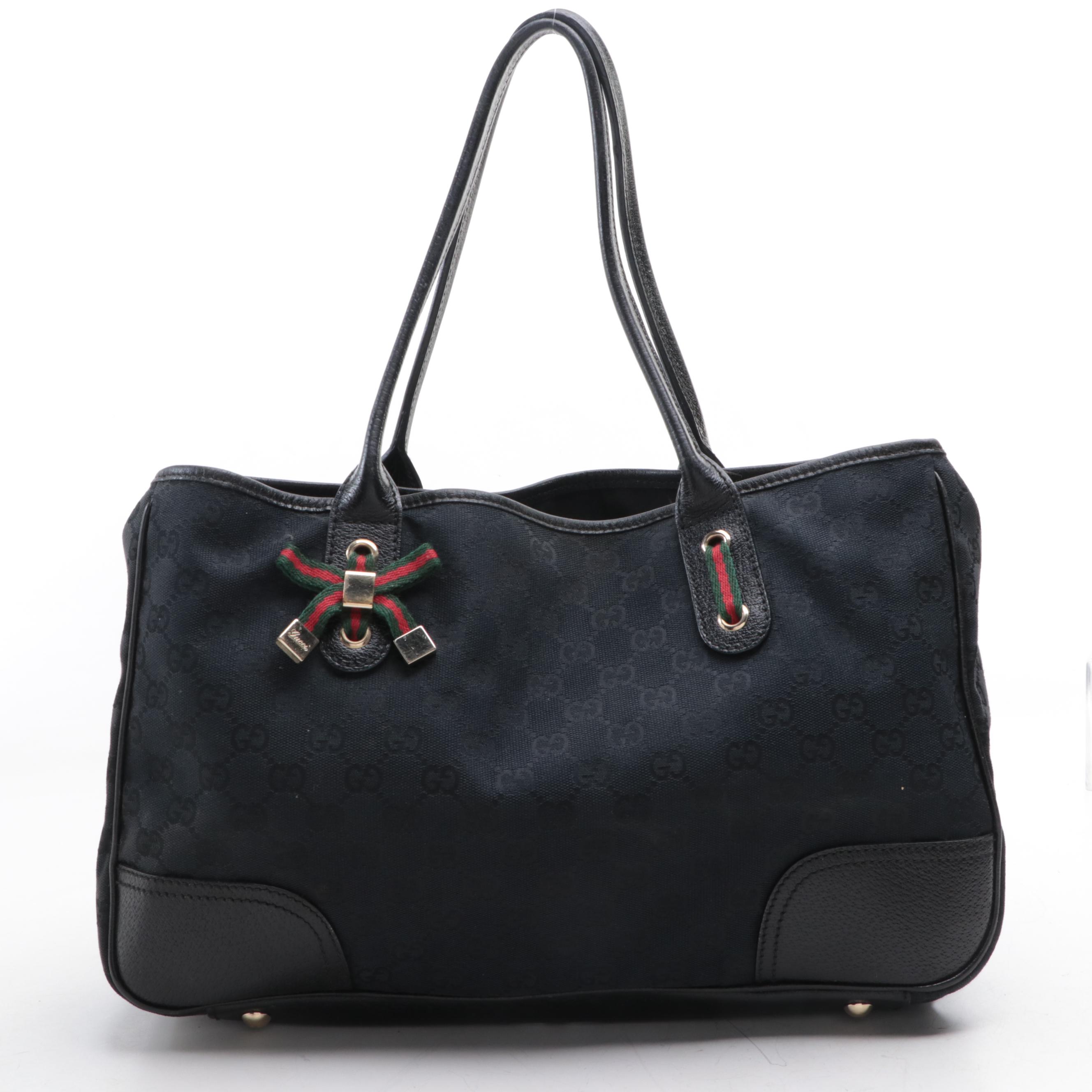 Gucci Medium Princy Tote in Black GG Canvas and Cinghiale Leather Trim