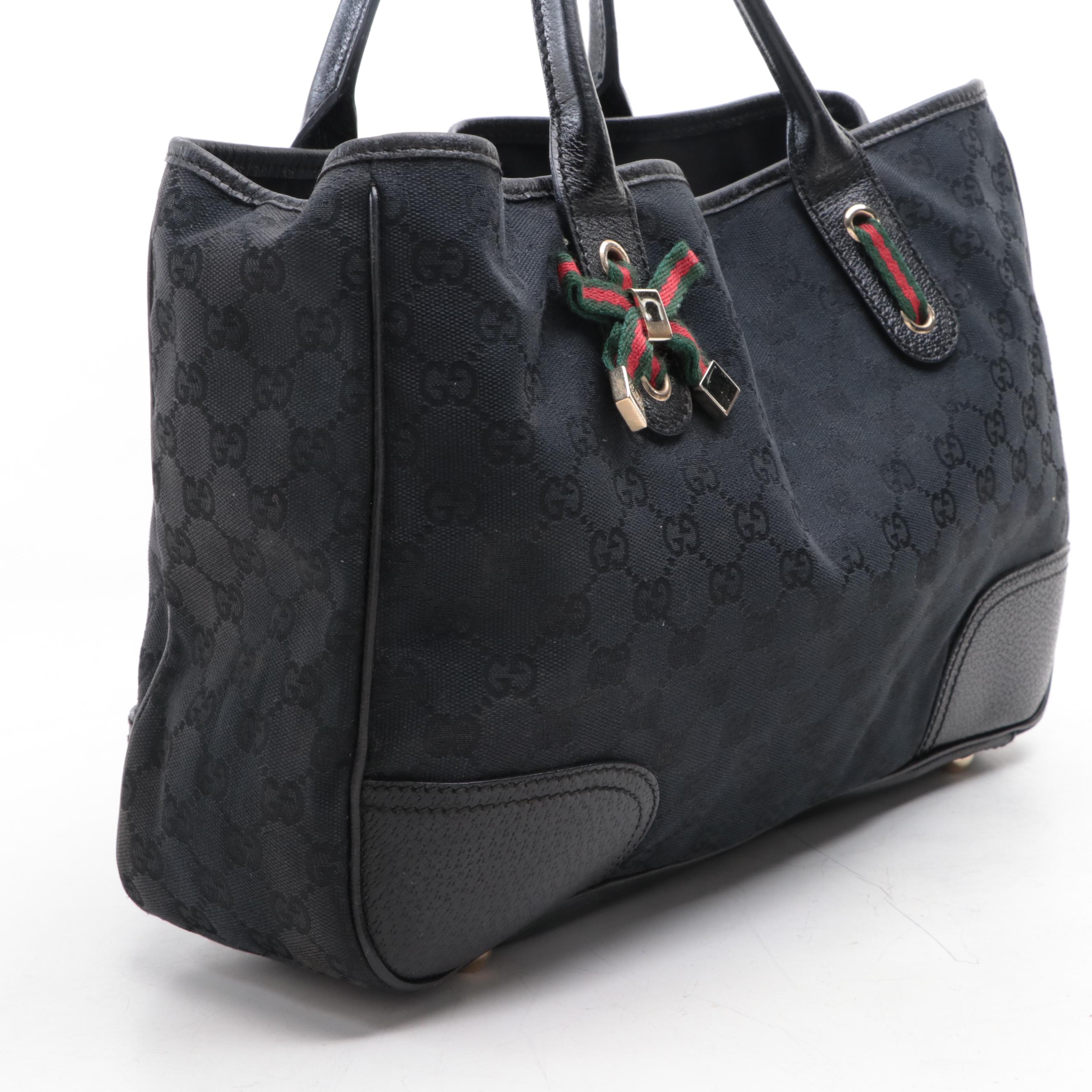 Gucci Medium Princy Tote in Black GG Canvas and Cinghiale Leather Trim