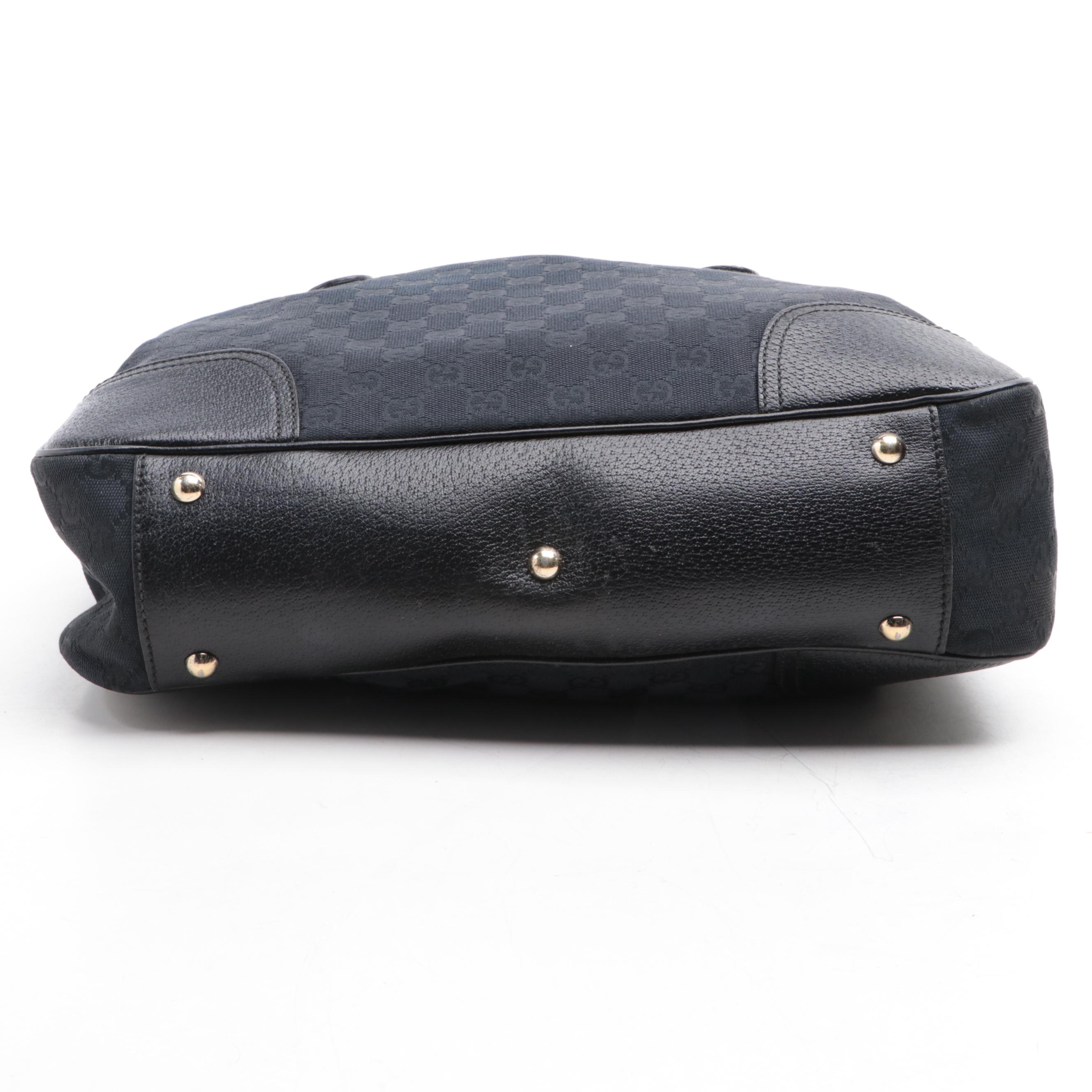 Gucci Medium Princy Tote in Black GG Canvas and Cinghiale Leather Trim