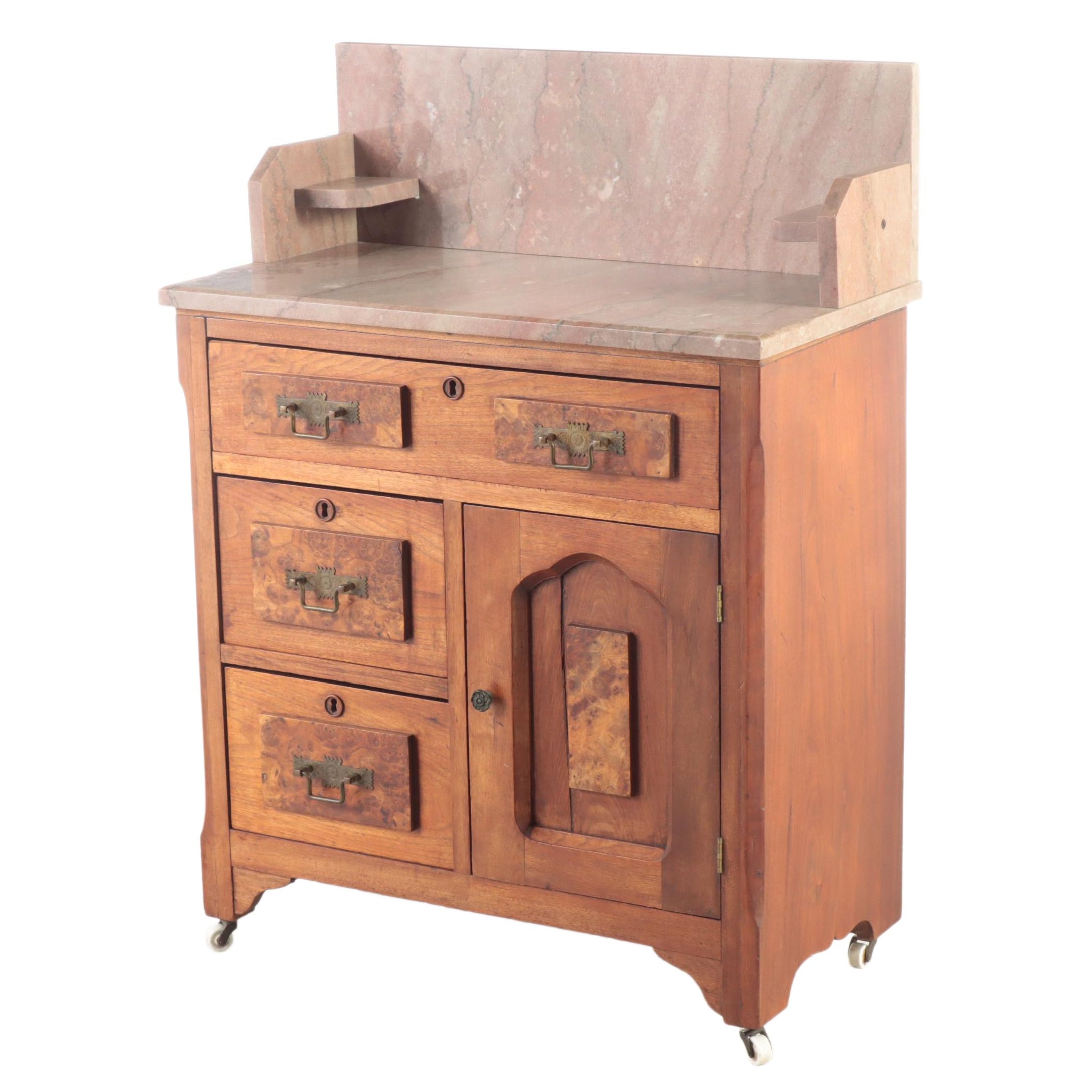 Victorian Walnut, Burl Walnut, and Marble Top Washstand, Late 19th Century