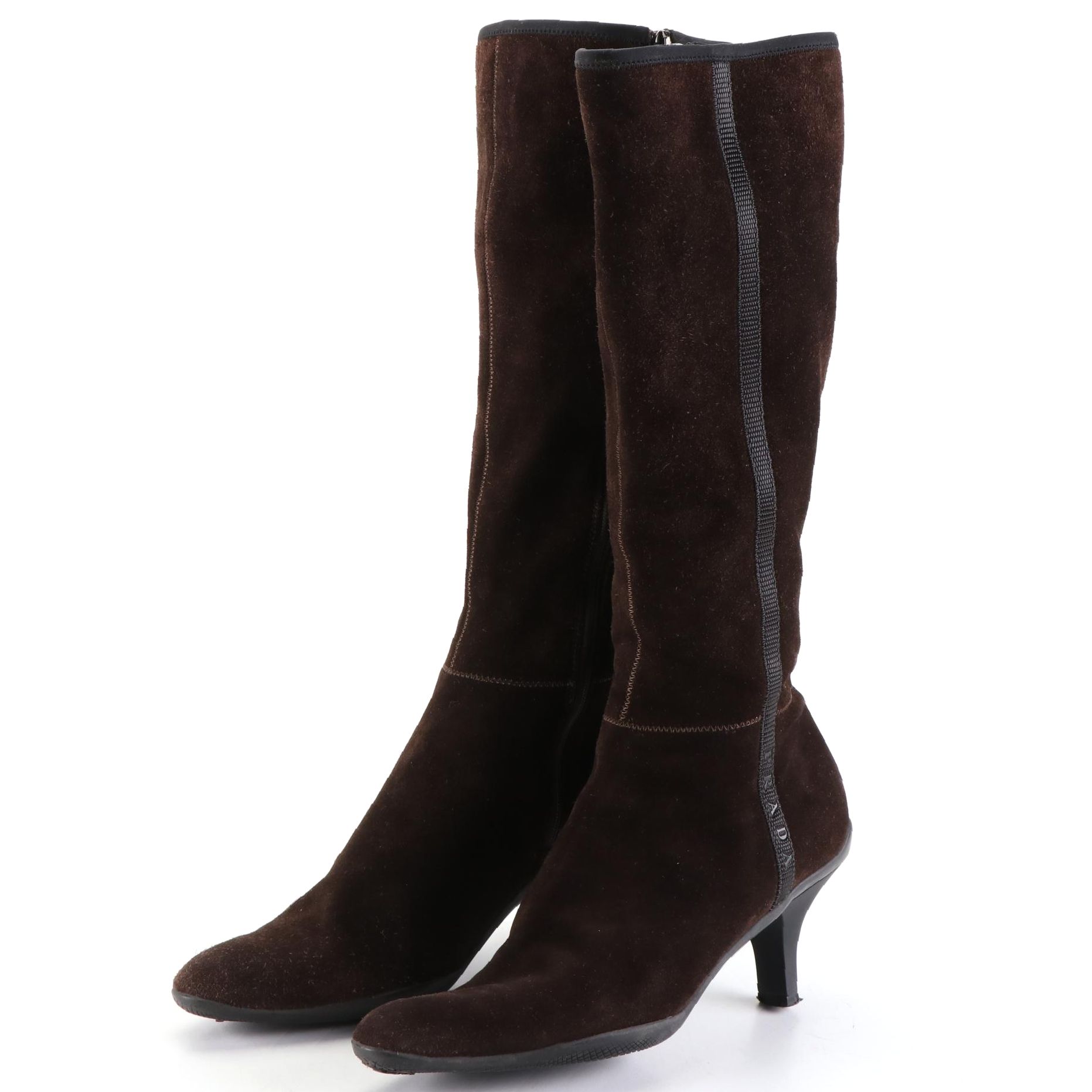 Prada Zip Boots in Brown Suede with Black Signature Stripe