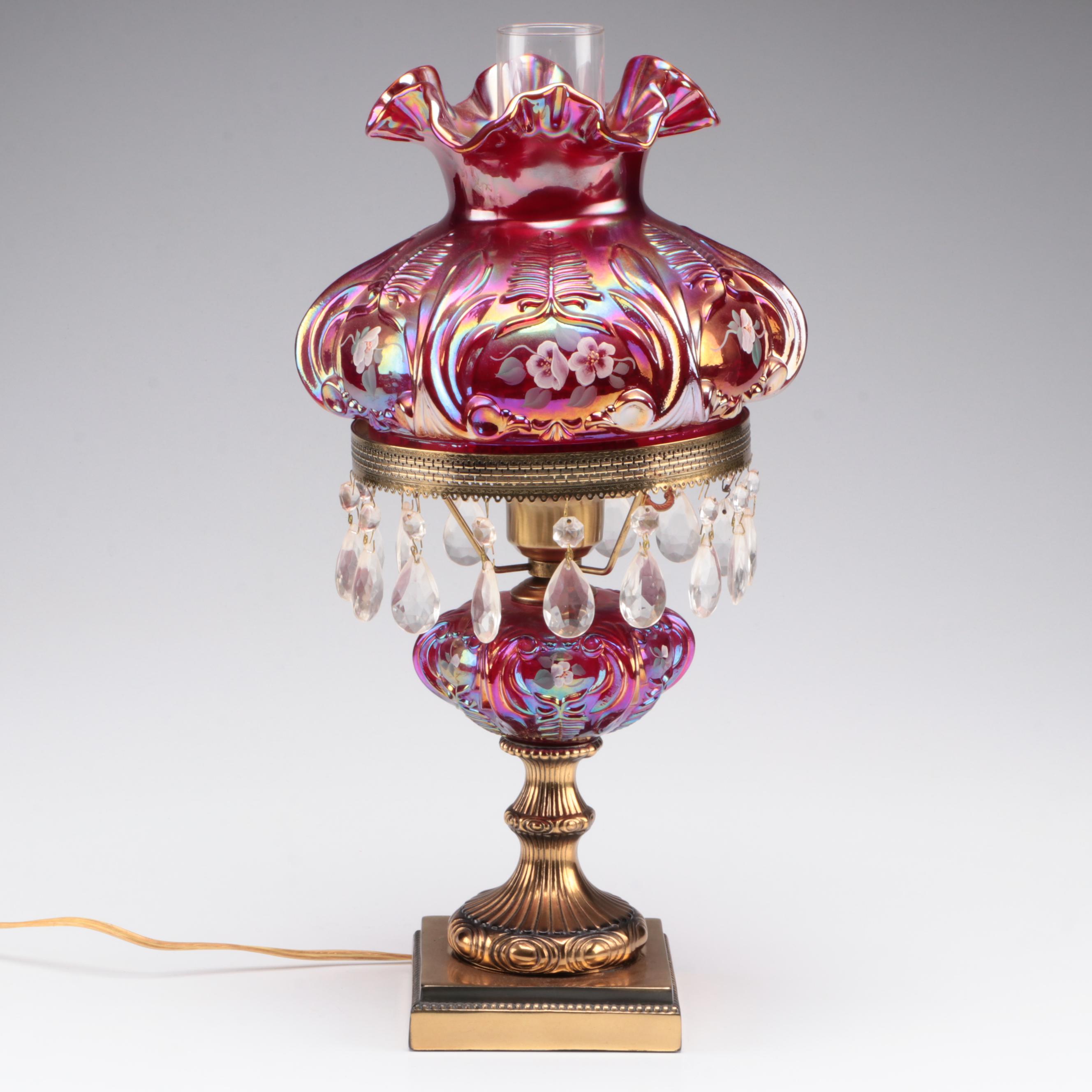 A. Farley for Fenton Damask Rose Hand-Painted Parlor Table Lamp, Late 20th C