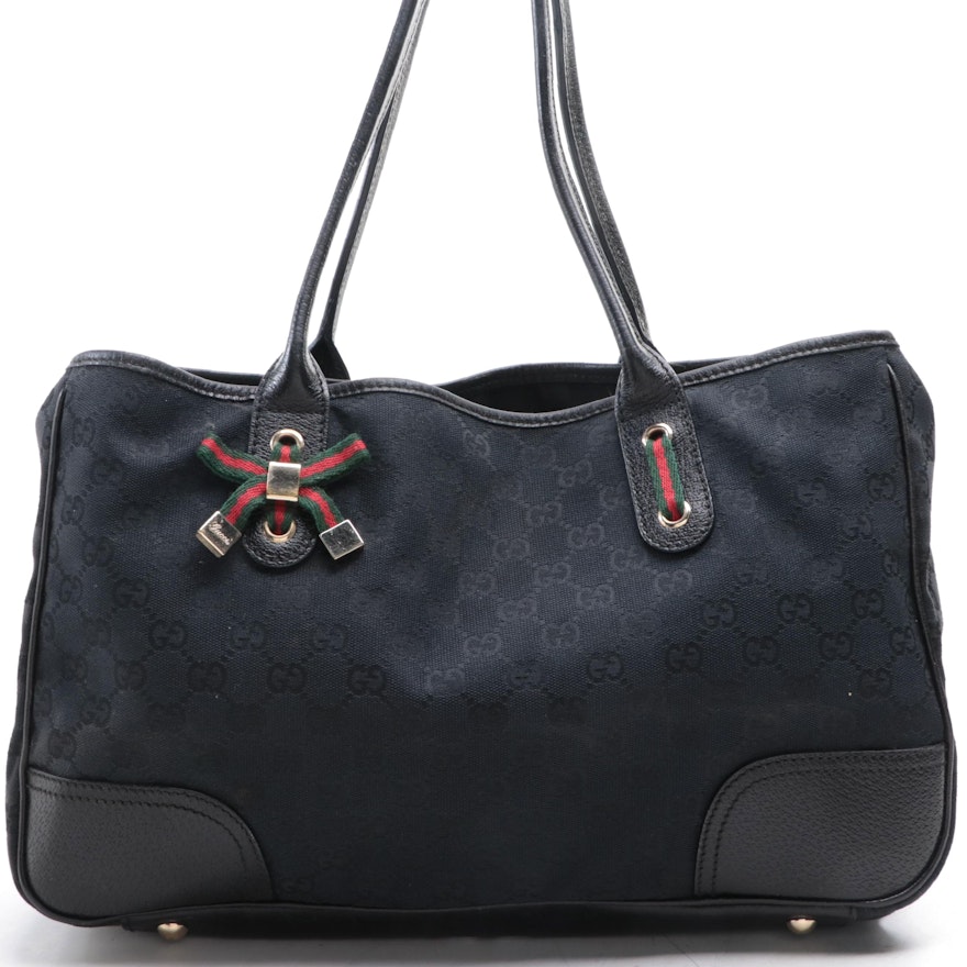 Gucci Medium Princy Tote in Black GG Canvas and Cinghiale Leather Trim