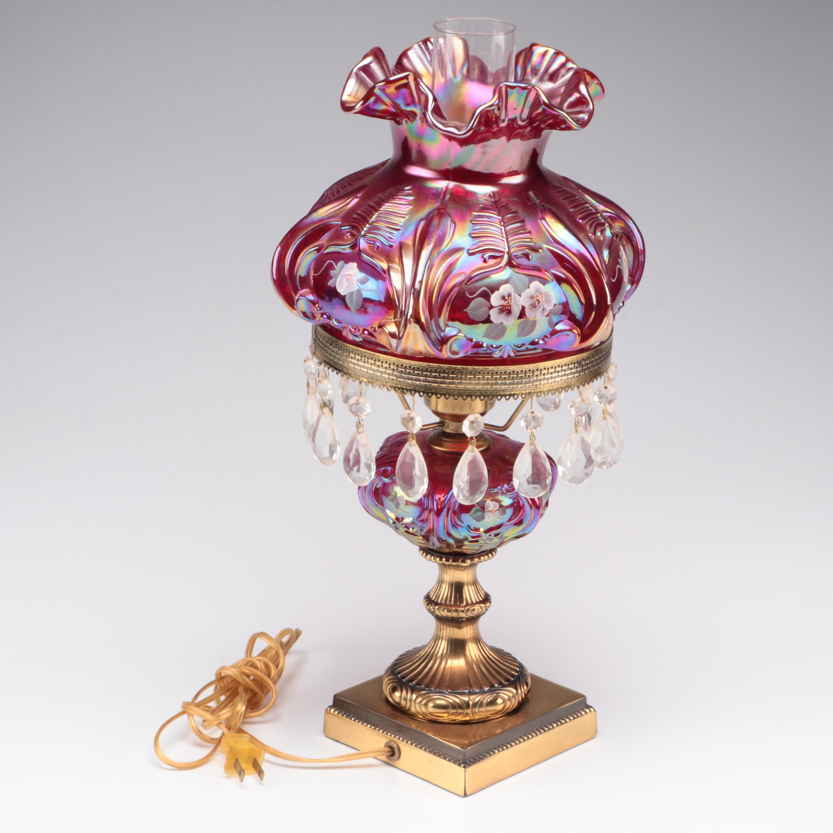 A. Farley for Fenton Damask Rose Hand-Painted Parlor Table Lamp, Late 20th C