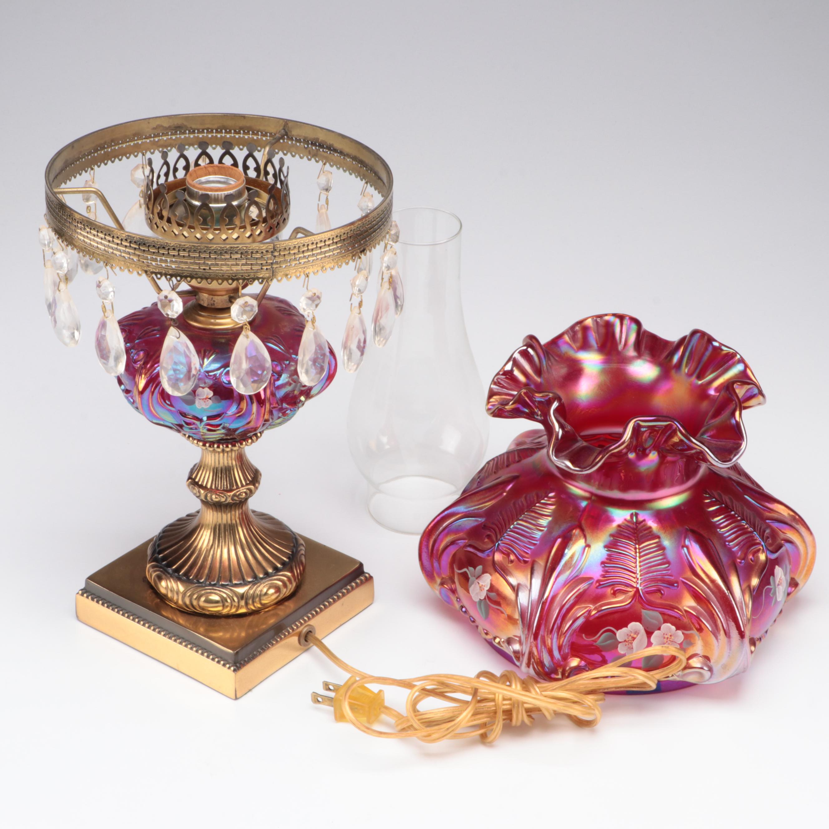 A. Farley for Fenton Damask Rose Hand-Painted Parlor Table Lamp, Late 20th C