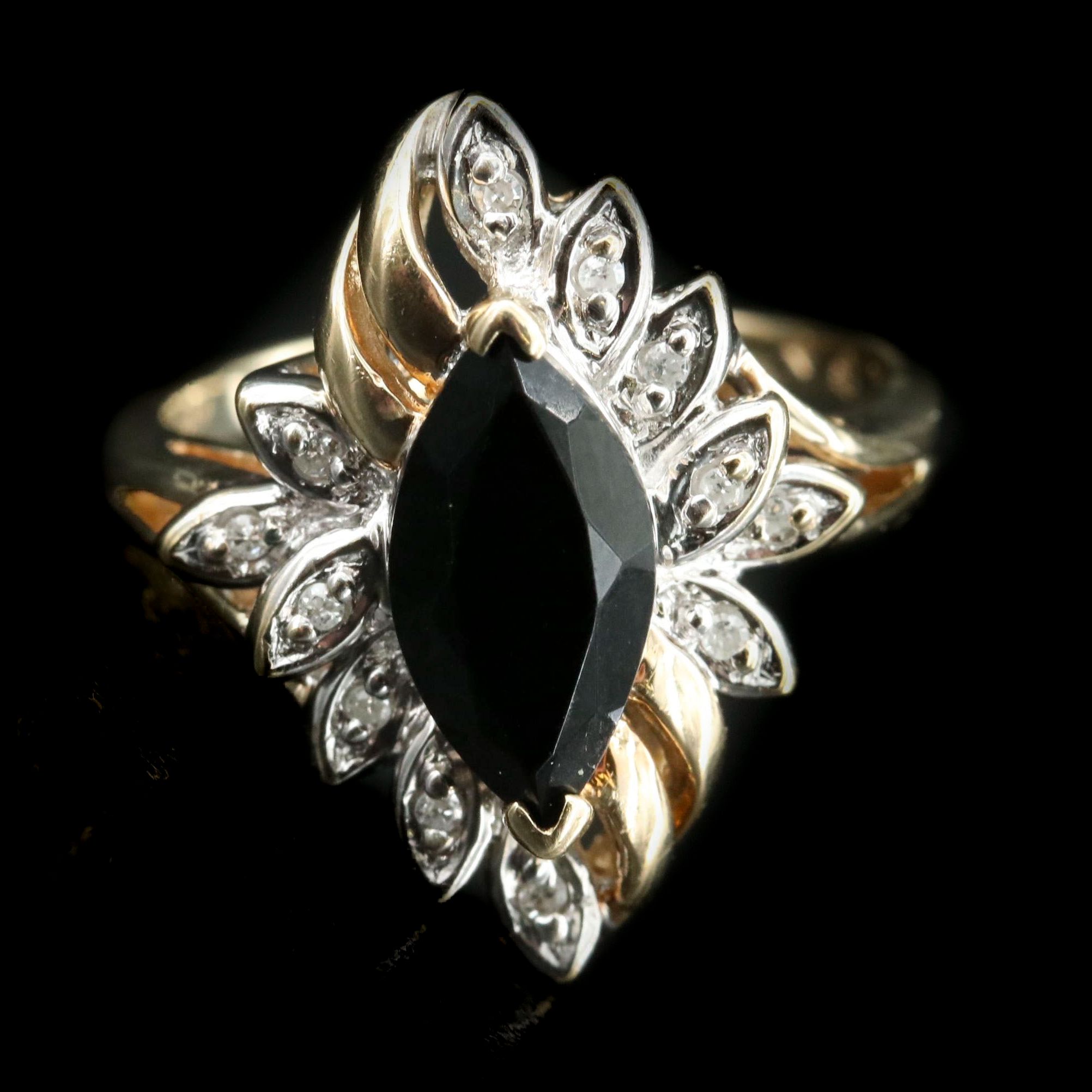 Vintage 10K Black Onyx and Diamond Navette Ring