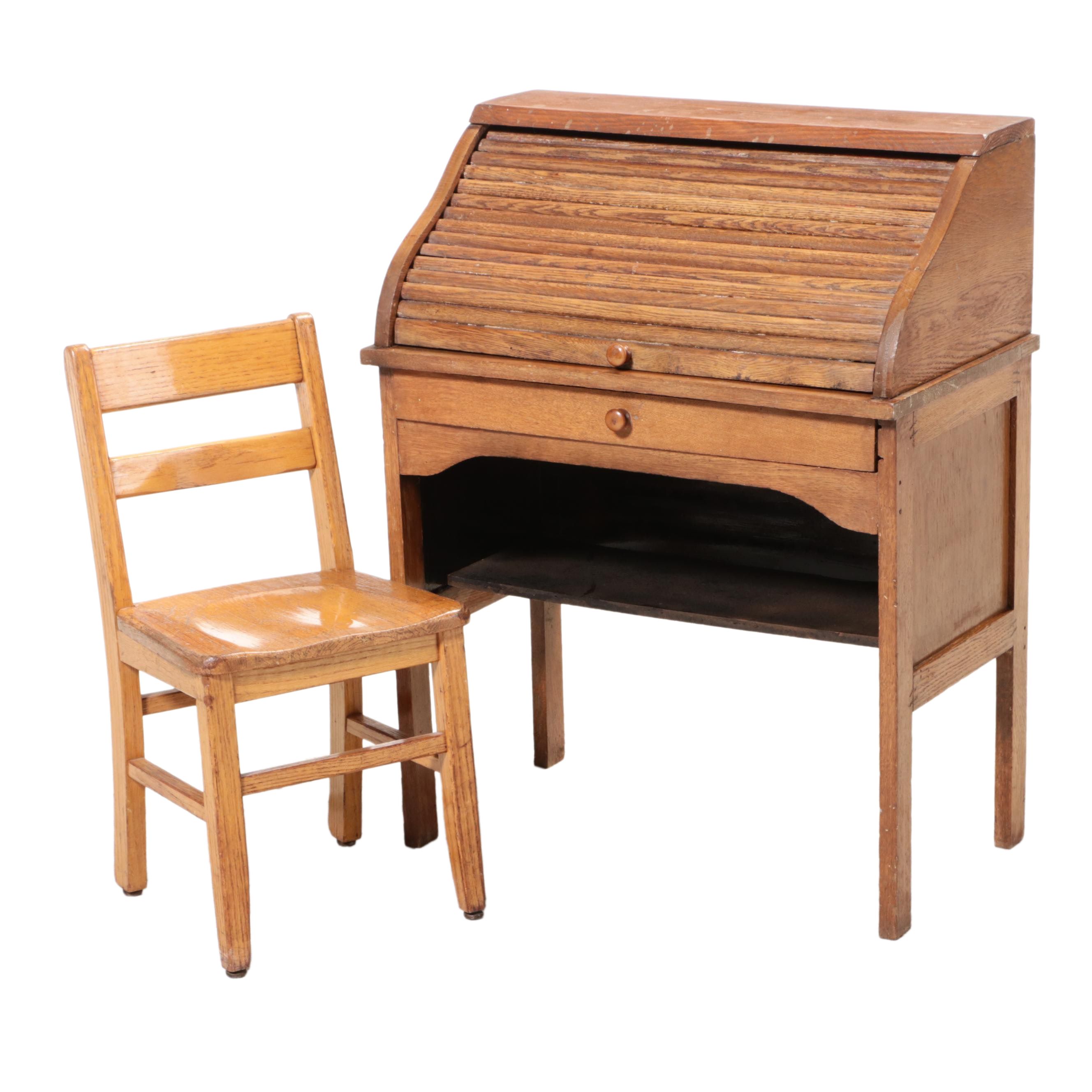 Child's Oak Roll-Top Desk and Chair, Mid-20th Century