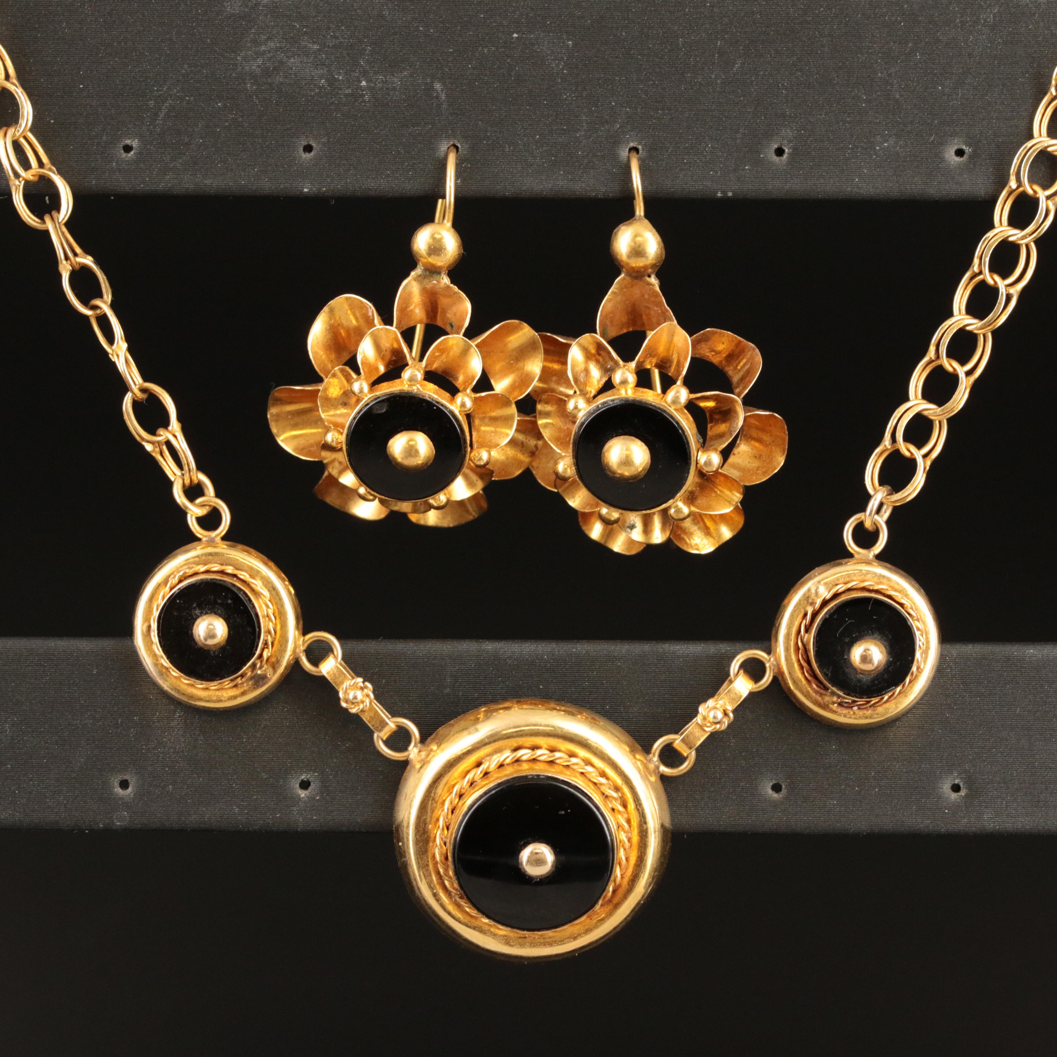 Victorian Revival 14K Black Onyx Necklace and Earrings