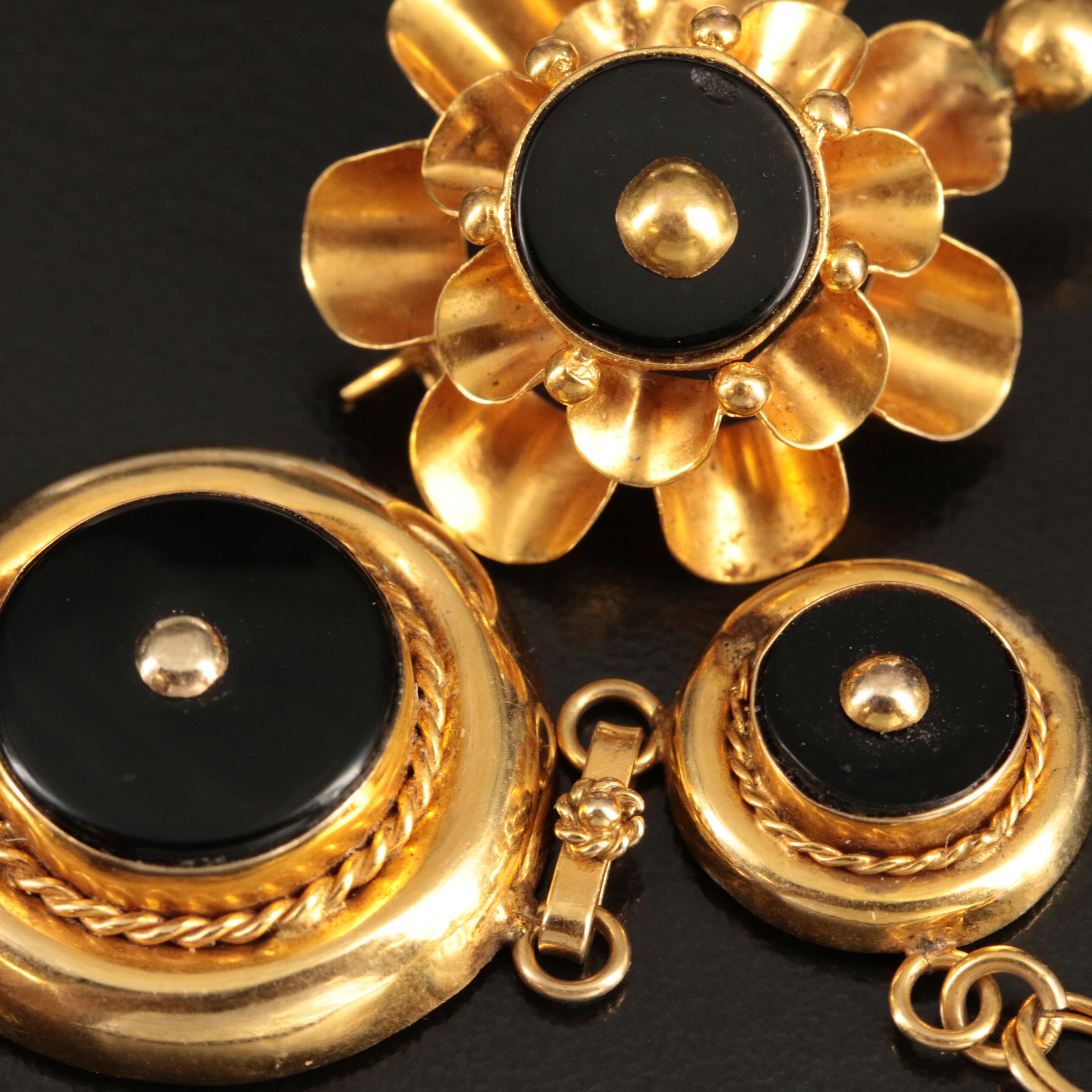 Victorian Revival 14K Black Onyx Necklace and Earrings